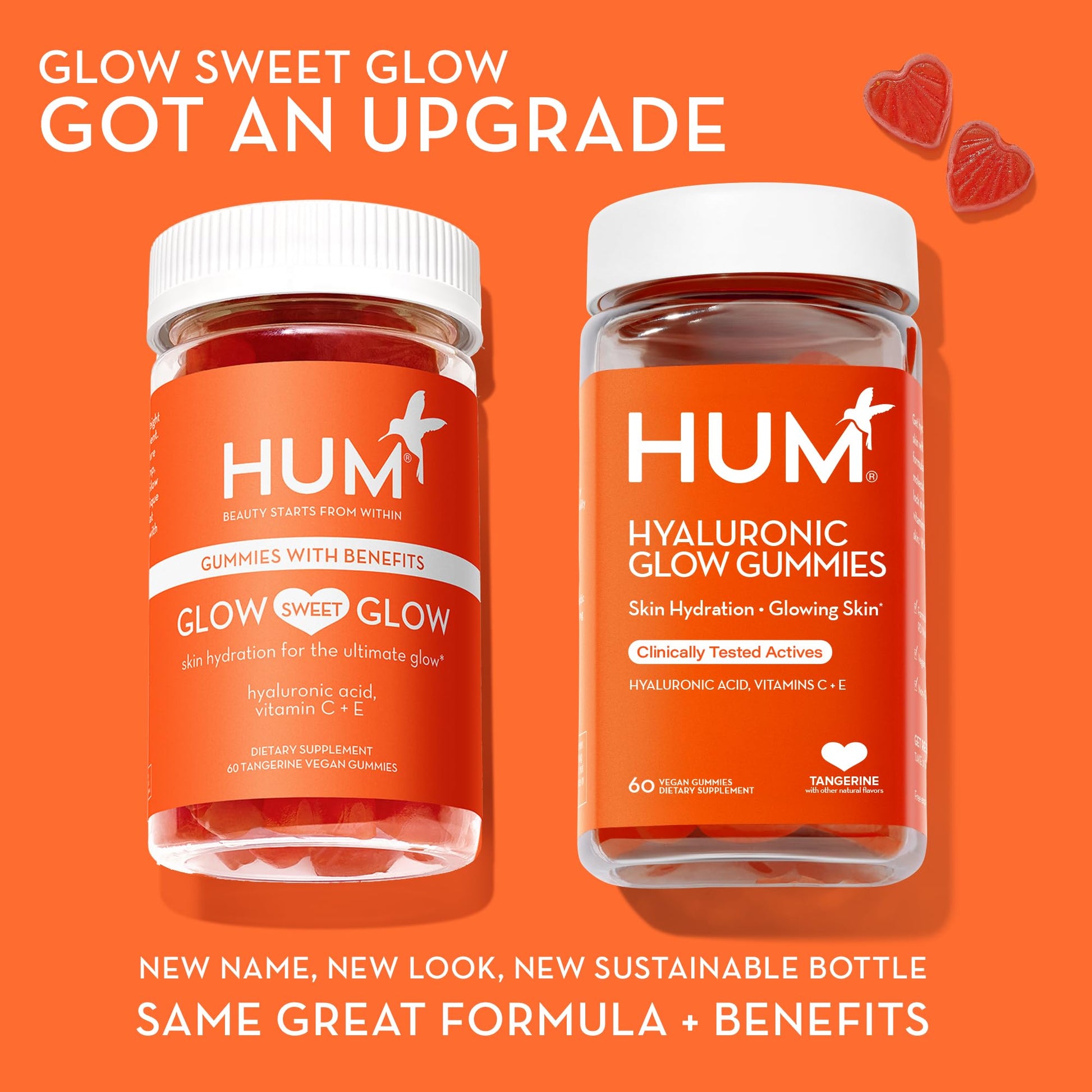 HUM Hyaluronic Glow Hydrating Skin Care Supplement, with Low Molecular Hyaluronic Acid, Vitamin C from Amla Fruit, and Vitamin E, Antioxidant Support for Skin Hydration, Tangerine, 60 Vegan Gummies HUMUS supplements
