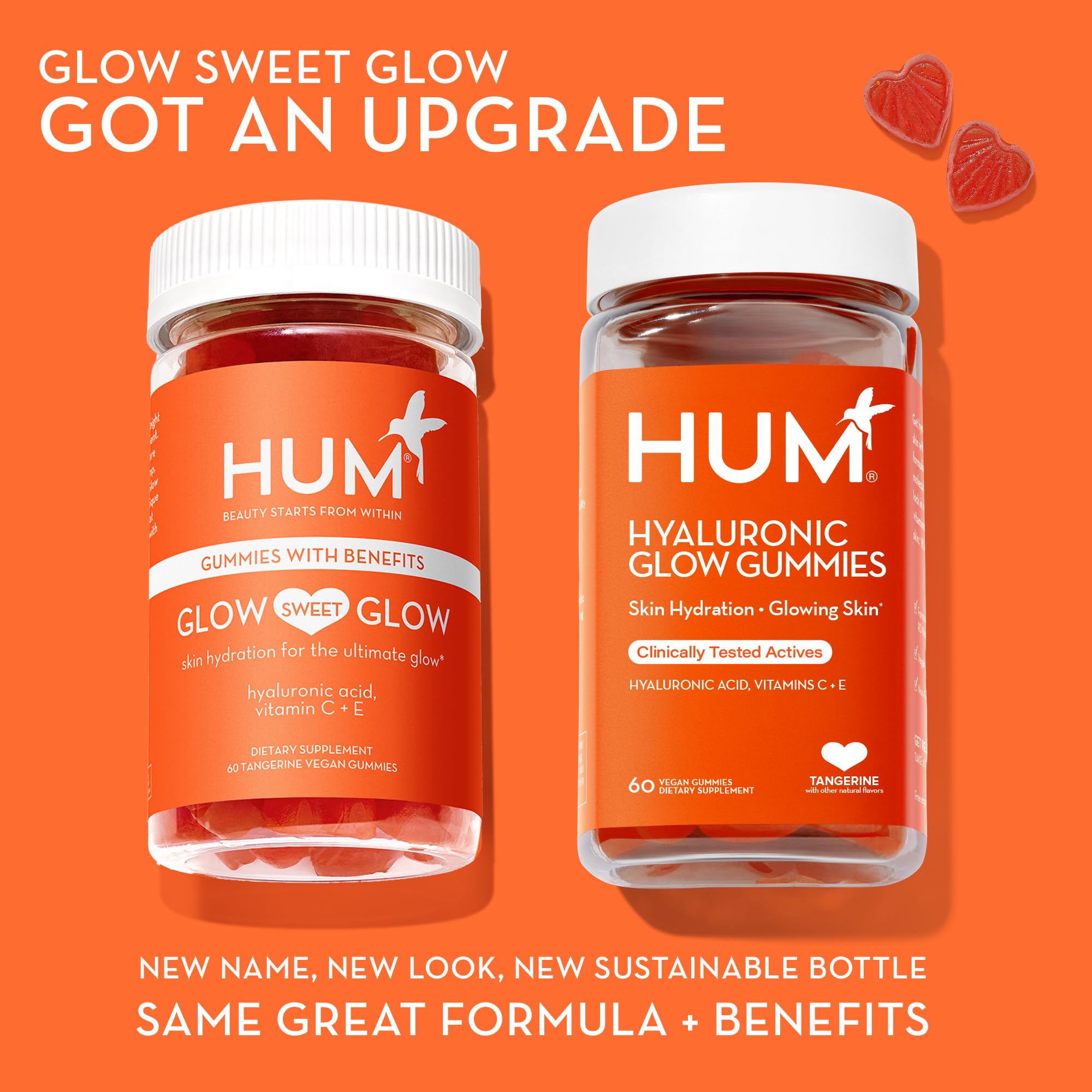 HUM Hyaluronic Glow Hydrating Skin Care Supplement, with Low Molecular Hyaluronic Acid, Vitamin C from Amla Fruit, and Vitamin E, Antioxidant Support for Skin Hydration, Tangerine, 60 Vegan Gummies HUMUS supplements
