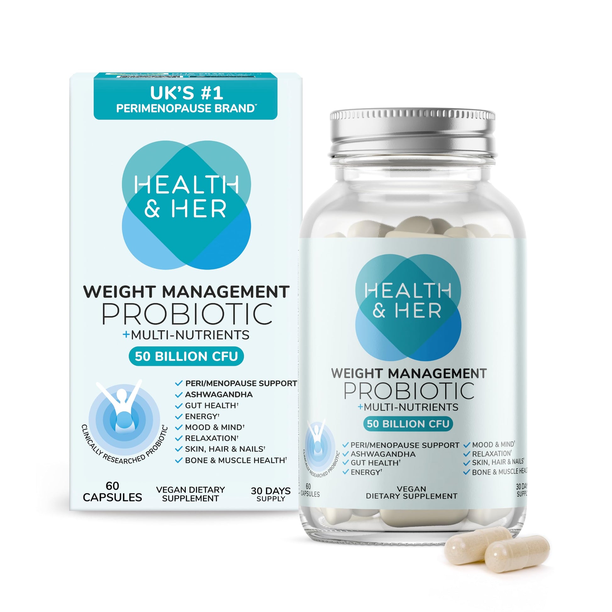Health & Her Weight Management Probiotics for Women - Perimenopause & Menopause Supplement - Clinically Studied 50bn CFU Probiotics to Support Gut Health, Energy, Mood & Mind, Vegan (60 ct - 1 Month) Health and HerAu supplements
