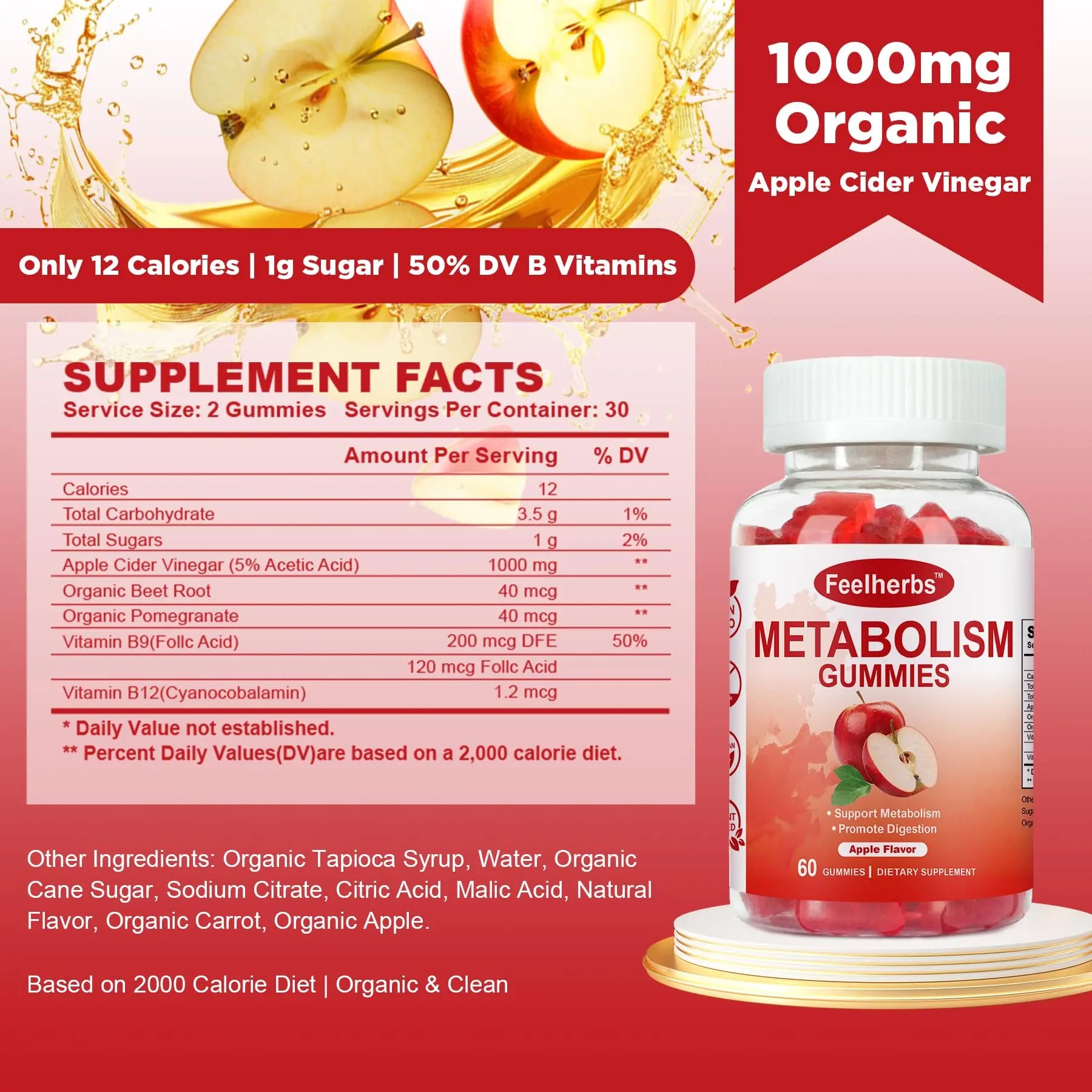 Feelherbs Metabolism Gummies for Women and Men Digestion & Energy, 60 Count Apple Cider Vinegar Gummies with Vitamin B12 & Beet Root, Chewable Keto ACV Vitamin for Metabolism & Detox Cleanse Feelherbsnz supplements