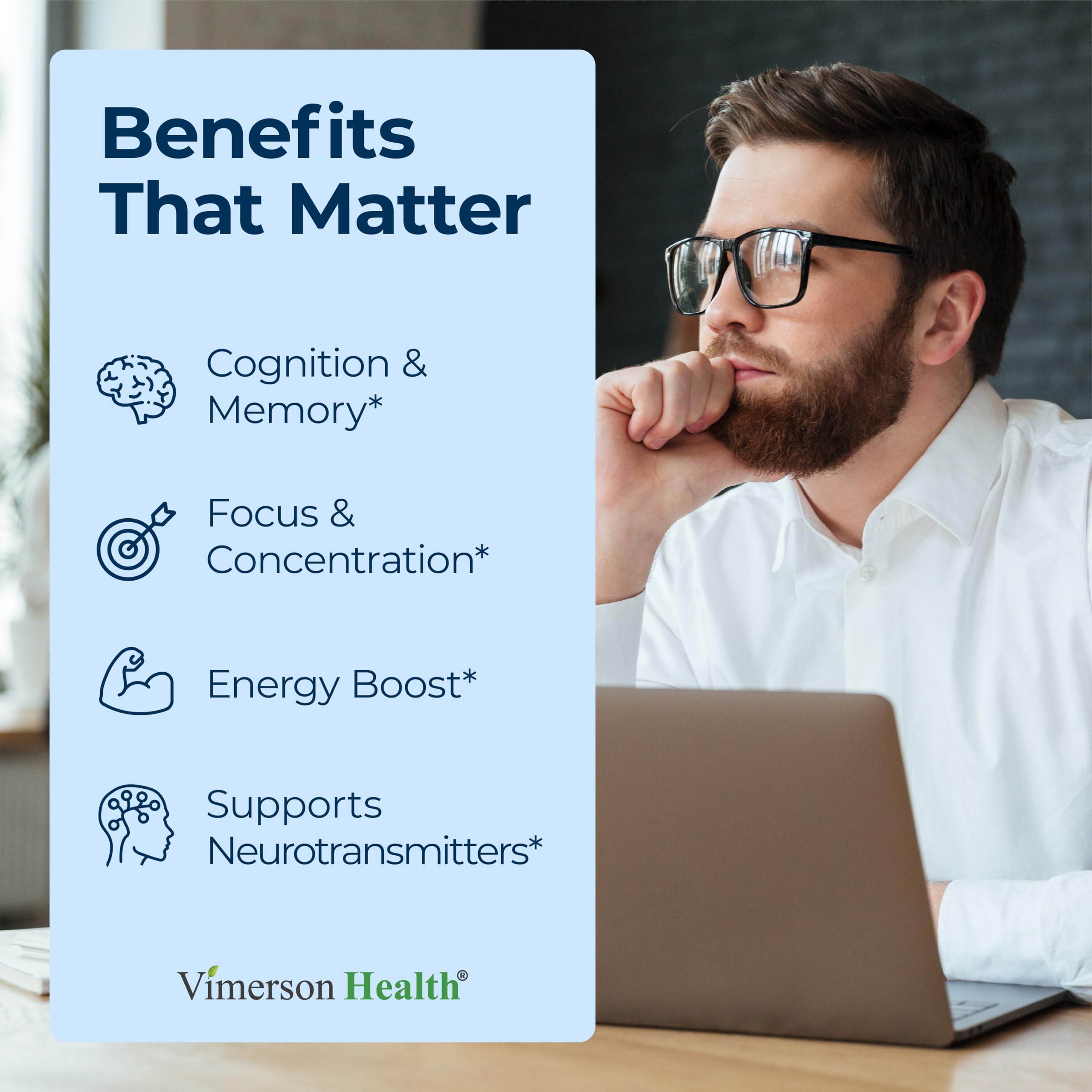 Nootropics Brain Support Supplement - Nootropic Brain Booster for Improved Focus, Concentration & Memory. Brain Nootropic for Brain Health, Mood & Energy Support. Non-GMO. Made in the USA. 60 Capsules Vimerson HealthAu supplements