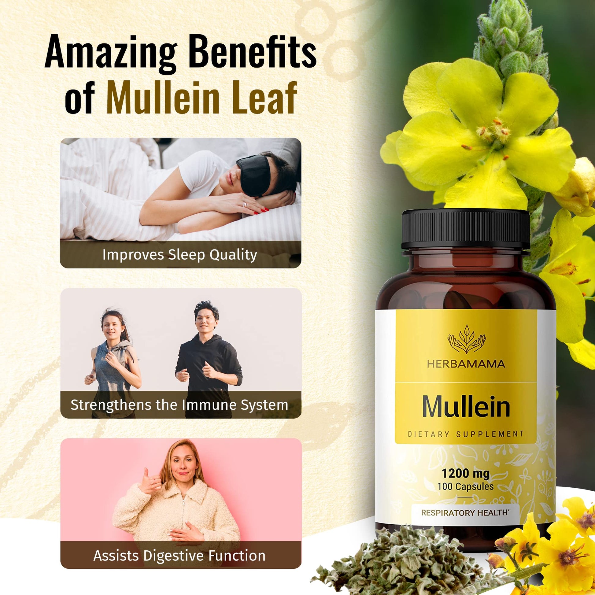 HERBAMAMA Mullein Leaf Capsules Respiratory Health - Organic Mullein Leaf Extract HERBAMAMAUS supplements