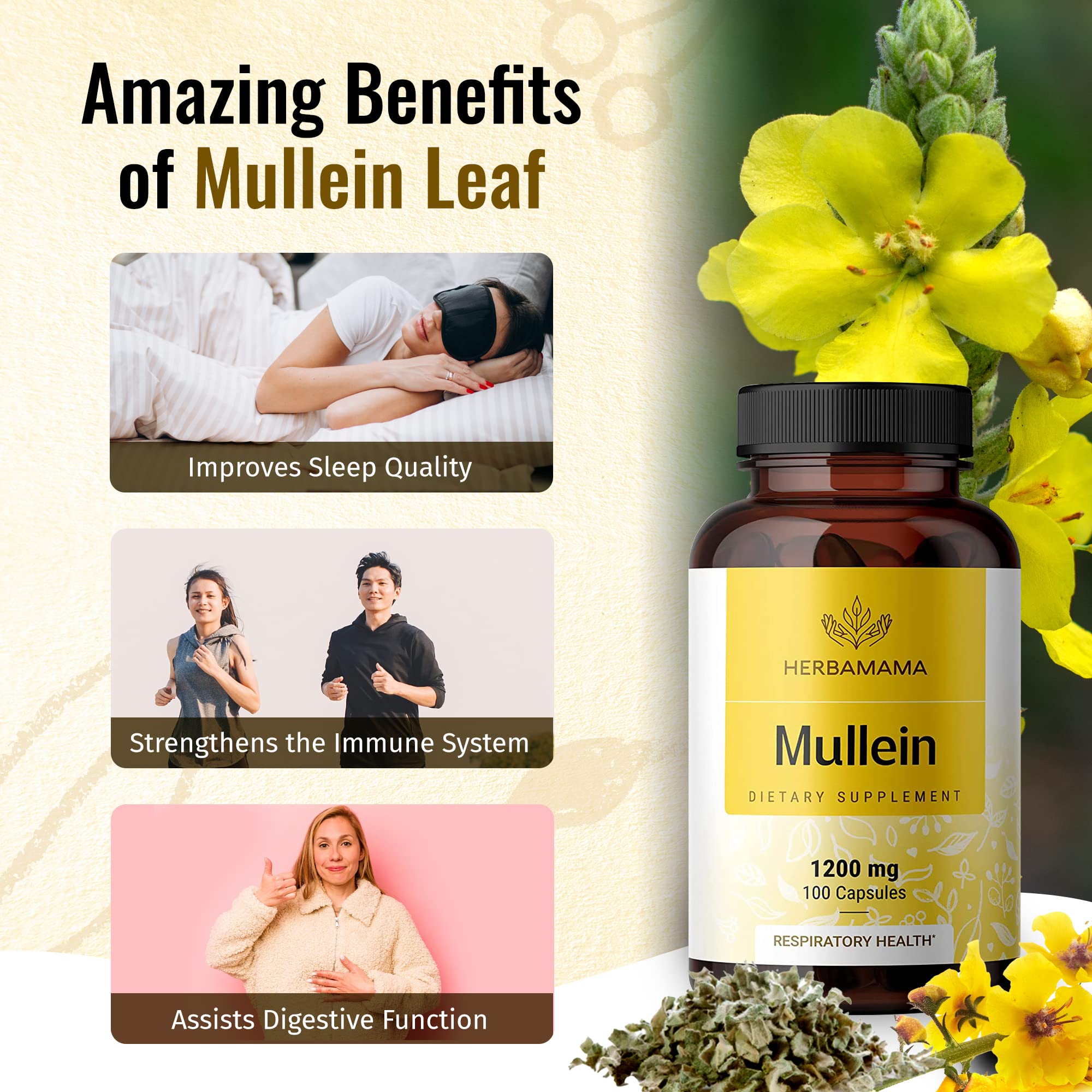 HERBAMAMA Mullein Leaf Capsules Respiratory Health - Organic Mullein Leaf Extract HERBAMAMAUS supplements