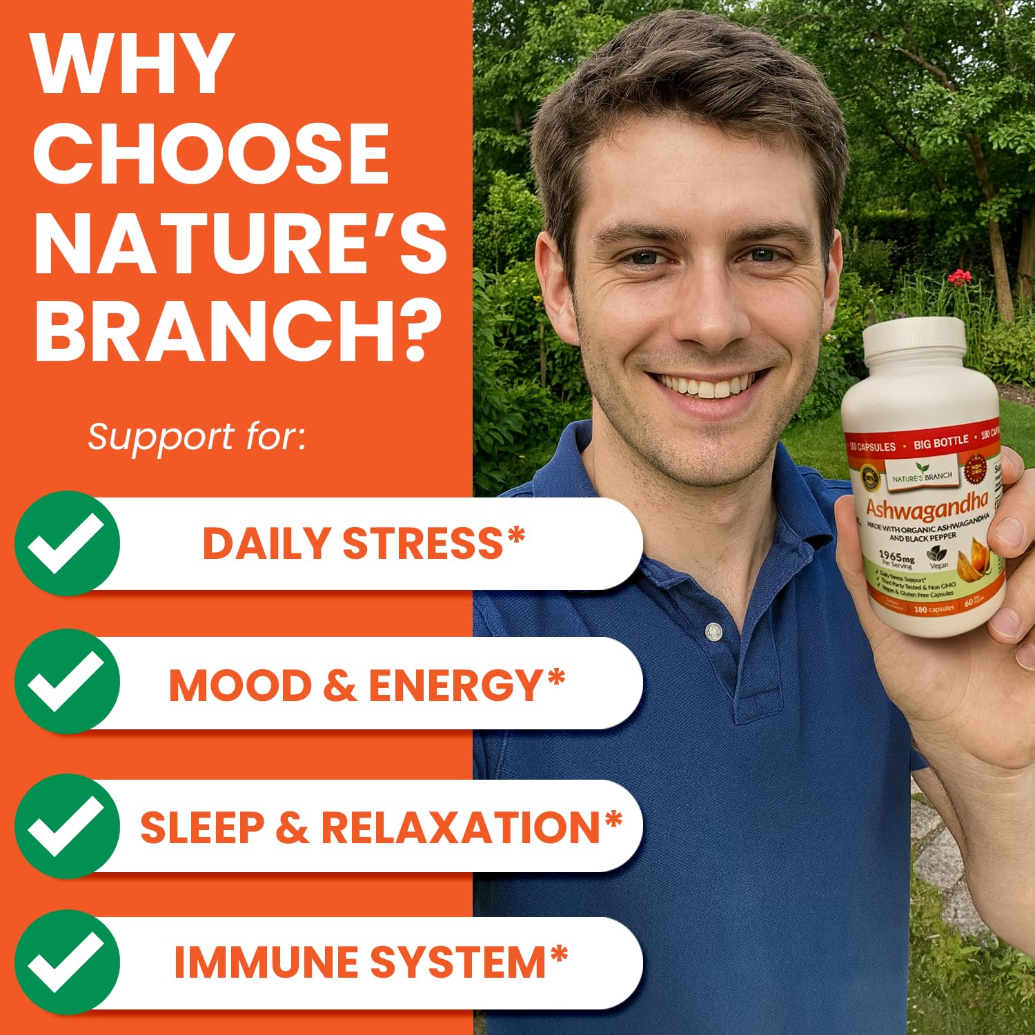 UDAF Certified Organic Ashwagandha with Black Pepper, 1965mg - Extra Strength for Stress, Sleep, Mood, Thyroid, Energy, Hair, Vegan Pure Root Extract Powder Supplement for Men and Women | 180 Capsules NATURE'S BRANCHAu supplements