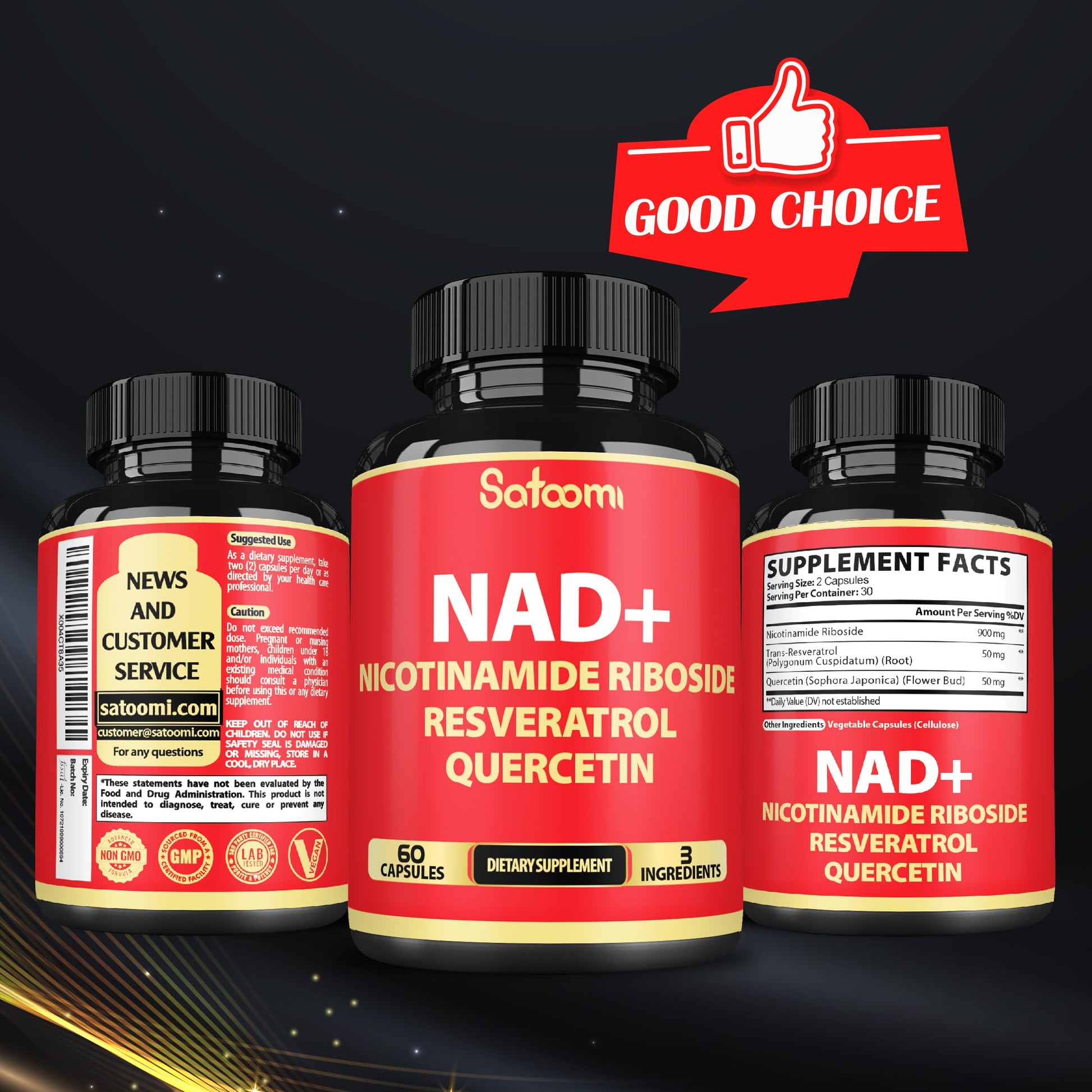 Satoomi NAD Supplement with Nicotinamide Riboside NR, Resveratrol, Quercetin - 60 Count - 30 Days SatoomiAu supplements