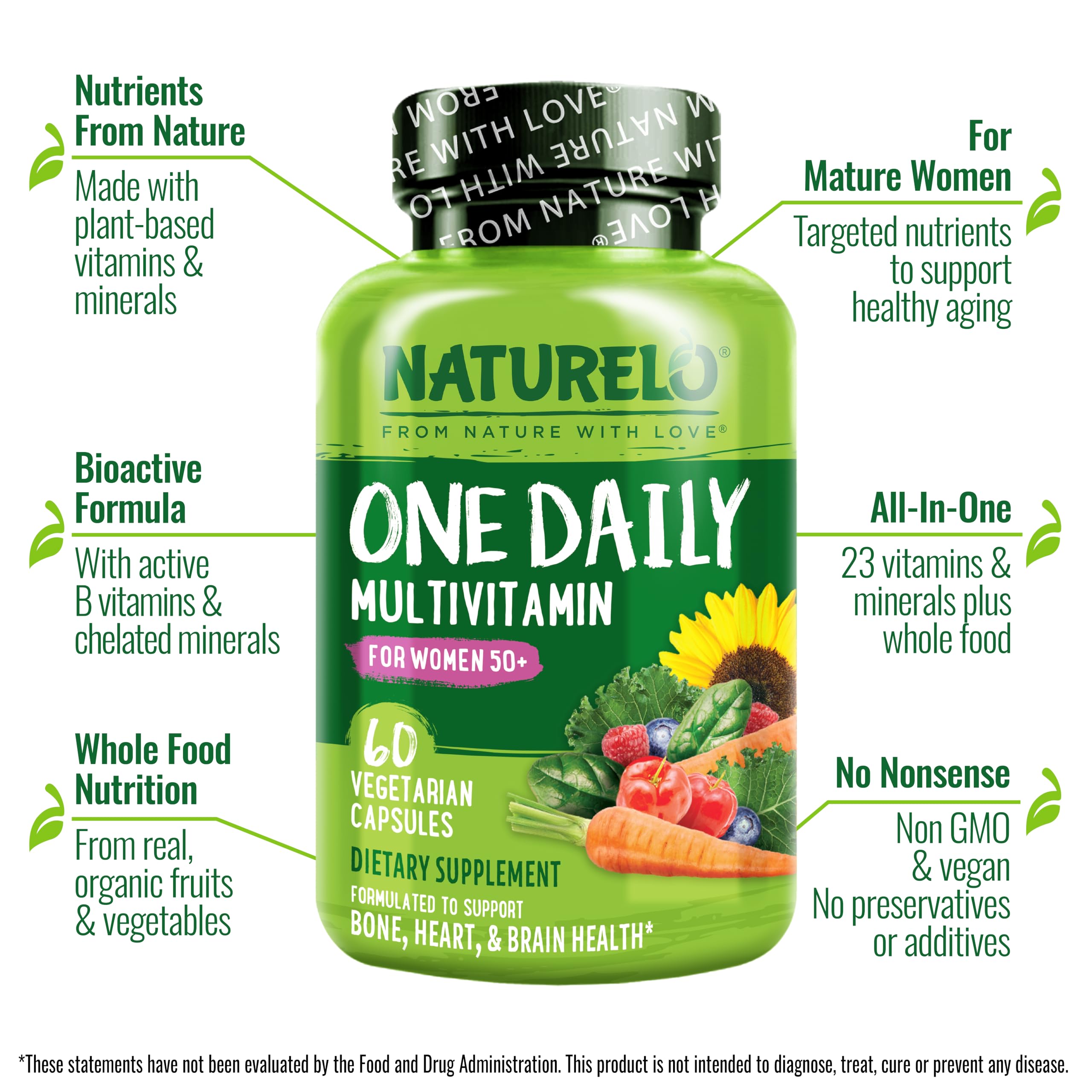 NATURELO One Daily Multivitamin for Women 50+ (Iron Free) - Menopause Support for Women Over 50 - Whole Food Supplement - Non-GMO - No Soy - 60 Capsules - 2 Month Supply NATURELOAu supplements
