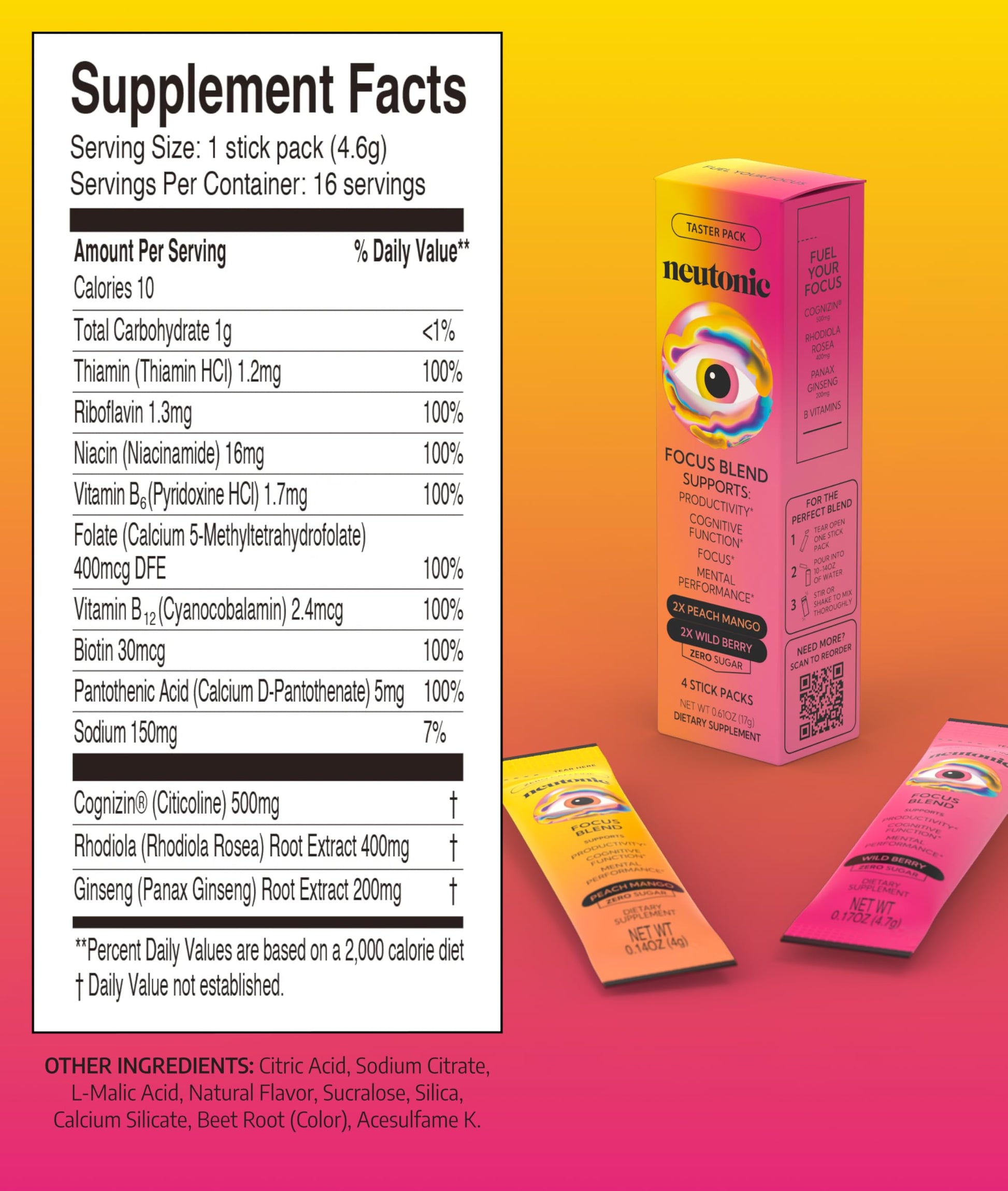 Neutonic Nootropic Focus Blend Powder | Peach Mango & Wild Berry 4 Sticks | Caffeine Free, Zero Sugar | Support Memory, Mental Clarity, Cognitive Function | Boost Focus, Energy, Brain Health NeutonicAu supplements