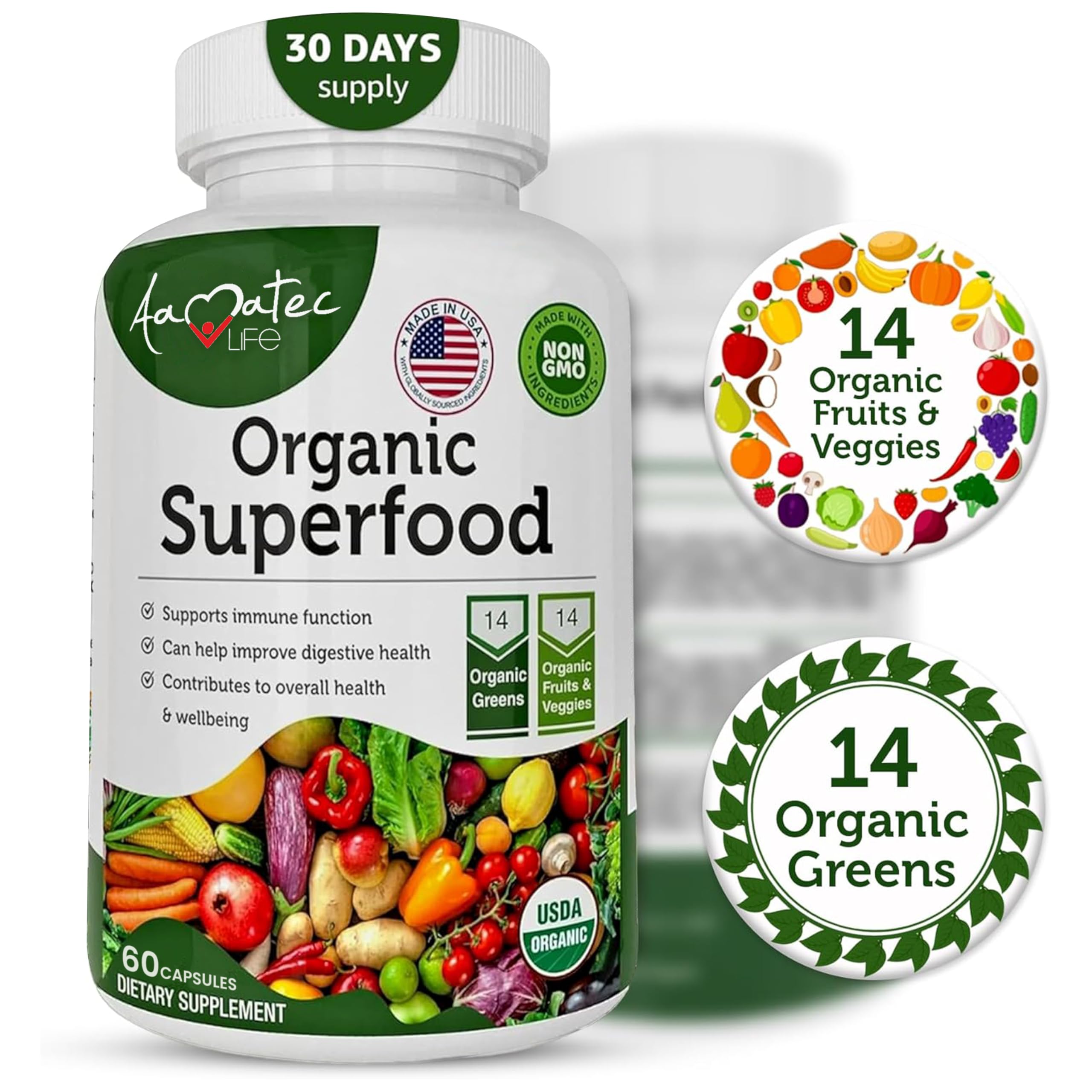 AAMATEC LIFE Organic Superfood Greens Fruits and Veggies Complex - Dietary Supplement with 14 Greens &14 Vegetables with Alfalfa Rich in Antioxidants Organic Ingredients Non-GMO (120 Count Pack of 2) AAMATEC LIFEAu supplements