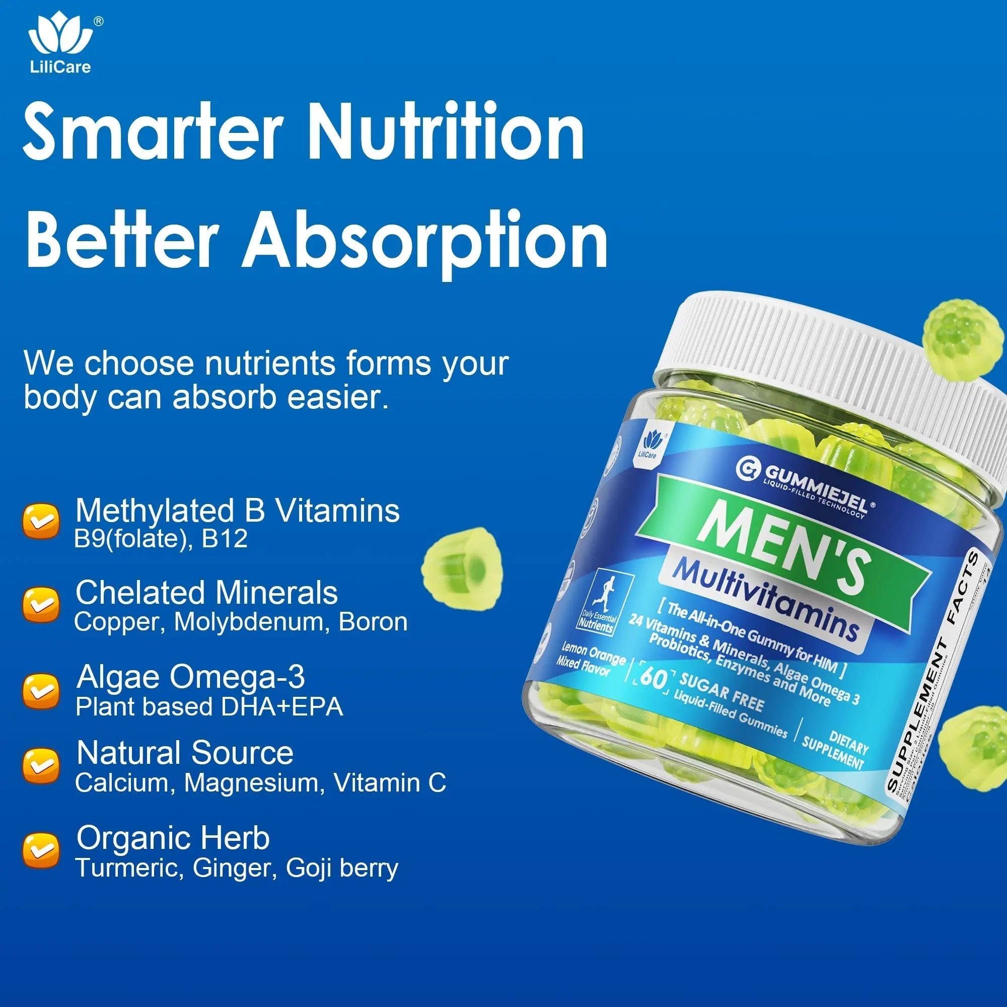 Mens Multivitamins Gummies, Methylated Multivitamin for Men, B Complex, Minerals, Vegan Omega 3, Probiotic, Enzyme LILICAREAu supplements
