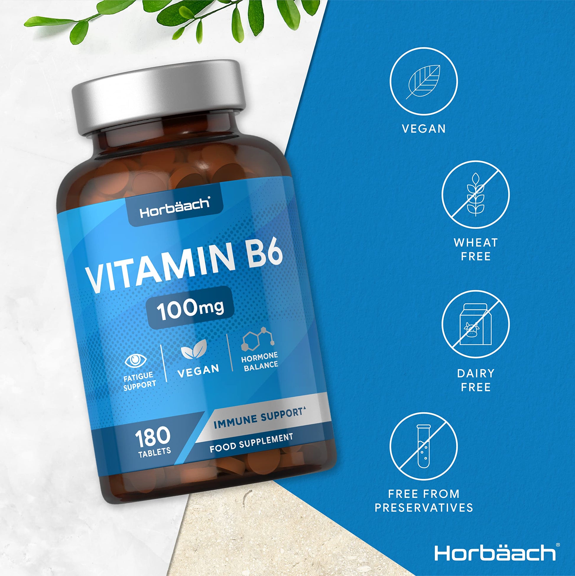 Vitamin B6 100mg | 180 High Strength Tablets | Regulation of Hormonal Activity & Fatigue HorbäachUS supplements