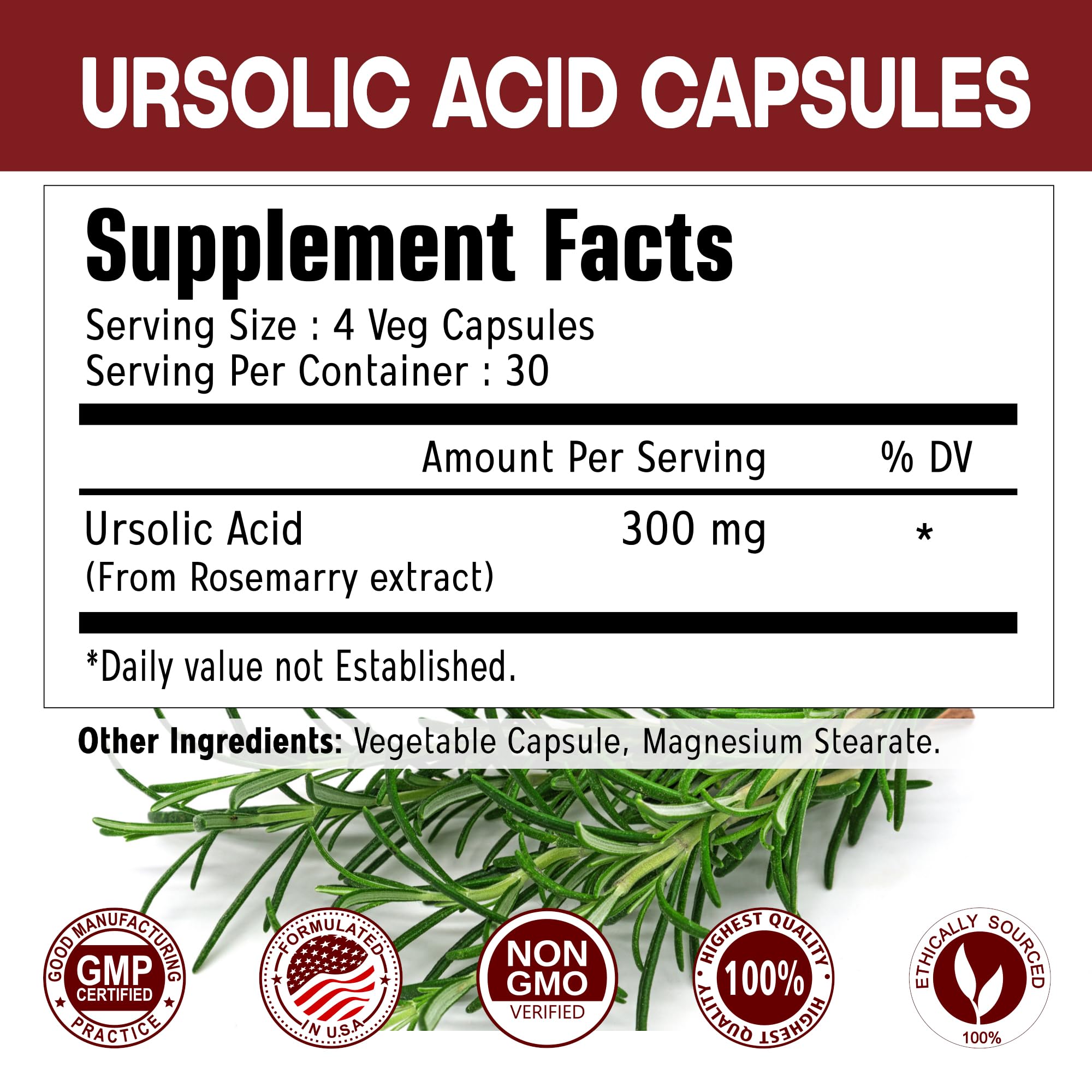 Immortal Herbs Pure Ursolic Acid Supplement 300mg, 120 Pills, Rosemary Leaf Extract Powder, Non-GMO and Gluten-Free Ursolic Acid Capsules for Women and Men Immortal HerbsAu supplements