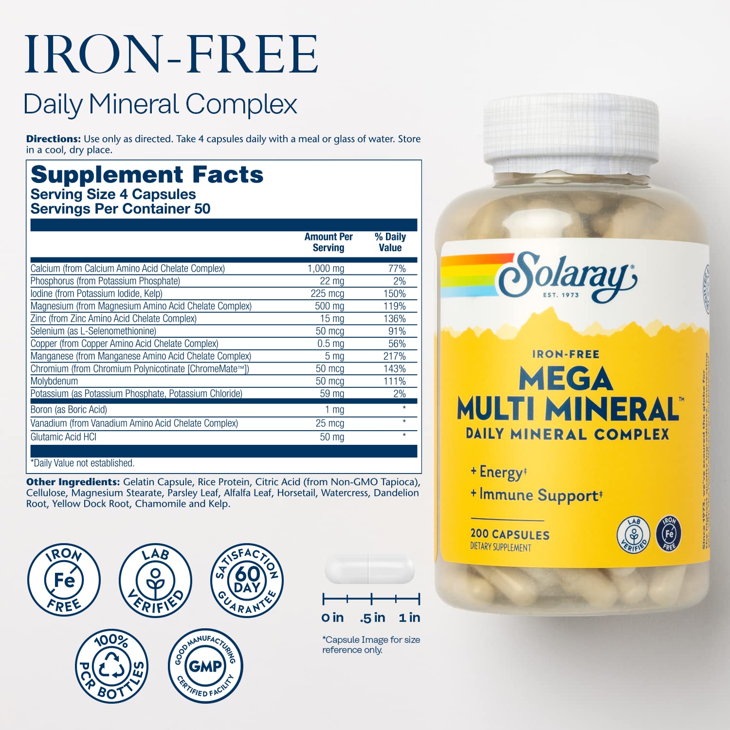 SOLARAY Mega Multi Mineral, Iron Free - Daily Mineral Supplement w/Trace Minerals, Electrolytes, Calcium, Magnesium, Zinc, Selenium, Boron -Cellular Energy, Immune Support, 60-Day Guarantee, 50 Serv SOLARAYAu supplements