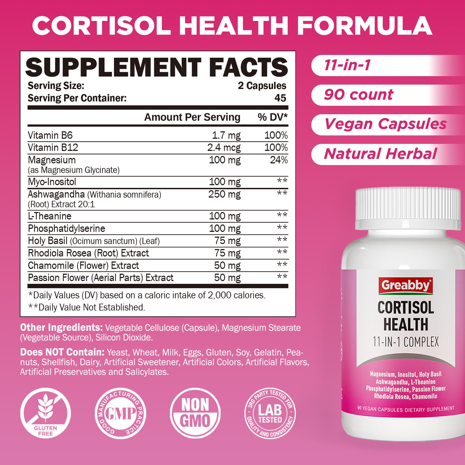 GREABBY Cortisol Supplements for Women, 11-in-1 Formula with Ashwagandha, L-Theanine, Phosphatidylserine and More, Lower Cortisol Health Support, 90 Vegan Capsules GREABBYAu supplements