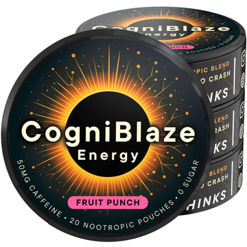 CogniBlaze Caffeine Pouches (Fruit Punch) | Nootropic Energy Pouches with 50mg Caffeine, Alpha GPC, L-Tyrosine & L-Theanine | Zero Sugar | No Artificial Sweeteners | 4 Pack (80 Total) CogniBlazeAu supplements