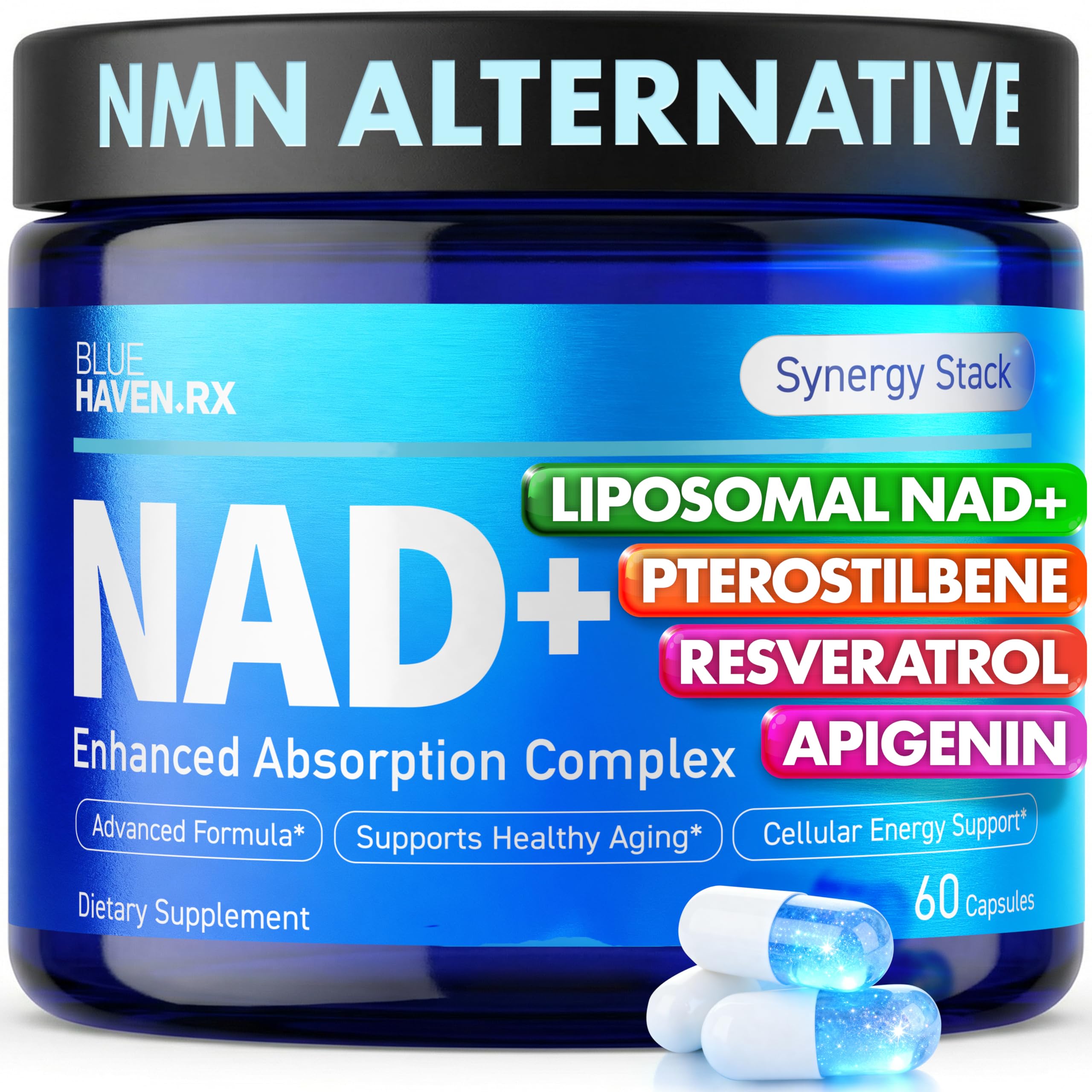 Blue Haven Rx NAD+ Supplement - NMN Alternative with Liposomal NAD+, Trans Resveratrol, Manganese, Apigenin Plus Pterostilbene for Women and Men, Anti Aging Support Blue Haven RxAu supplements