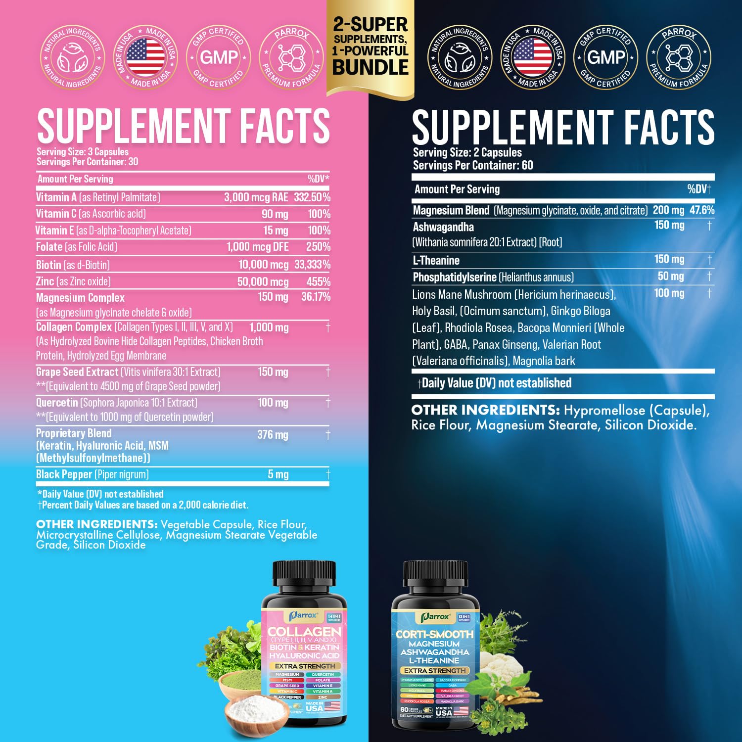 Parrox Shining Serenity Set, Cortisol Support with Ashwagandha, L-Theanine, Magnesium, Lions Mane, GABA, Bacopa Monnieri, Collagen I, II, III, V, X, Folate, Biotin, Keratin, Hyaluronic Acid, Quercetin ParroxAu supplements