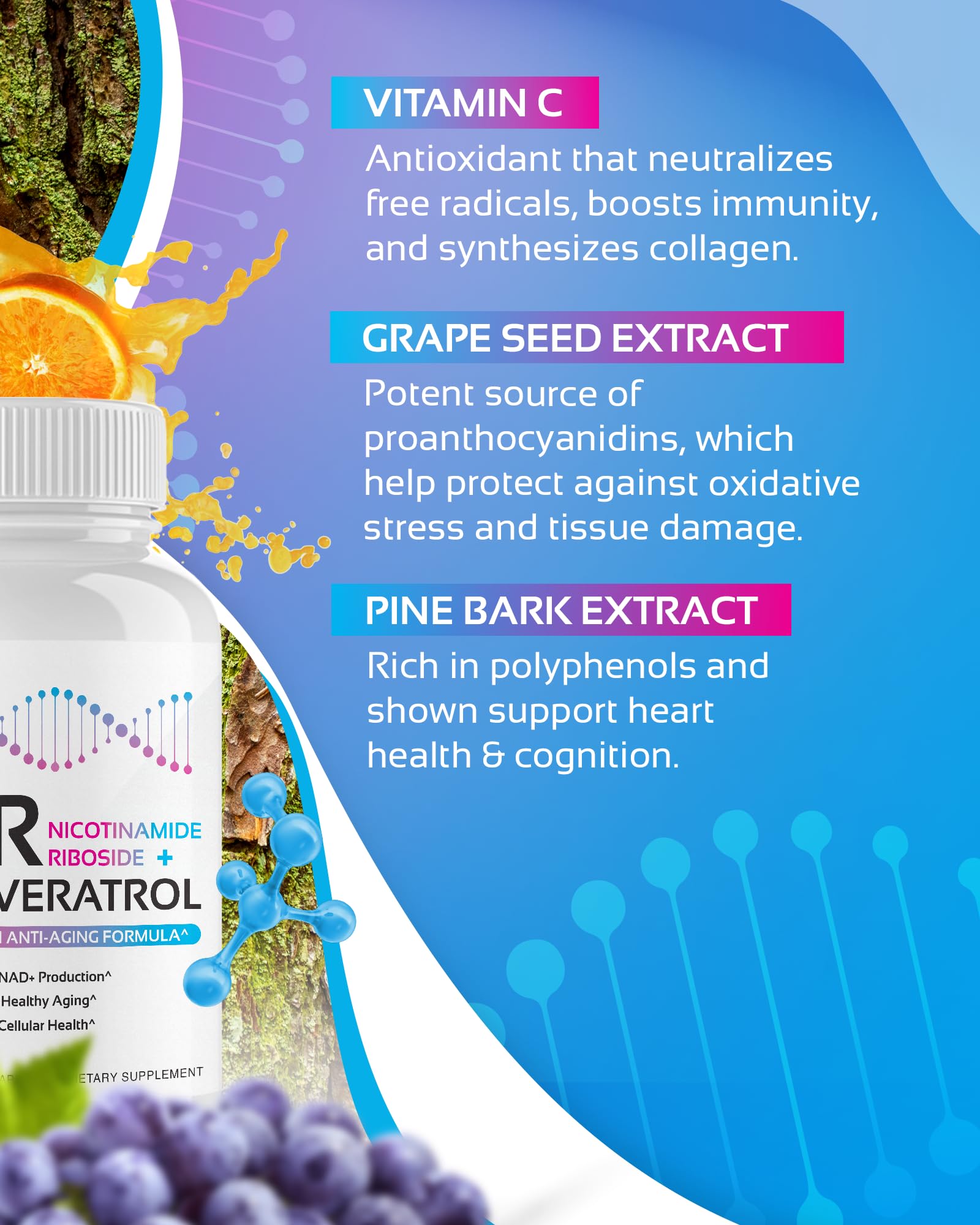 NR + Resveratrol Supplement - Increase NAD, DNA & Cellular Health, Longevity, Vitality. 5-in-1 Anti Aging Formula w/ Nicotinamide Riboside, Trans Resveratrol, Vitamin C, Grape Seed, Pine Bark CogniTuneAu supplements