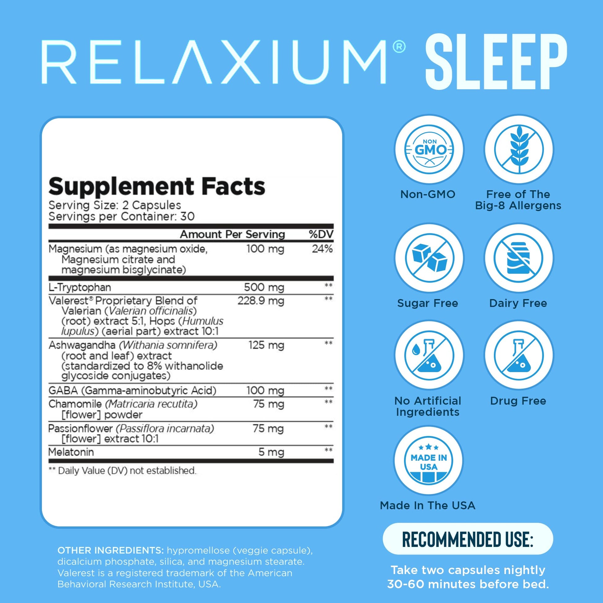Relaxium Sleep Aid for Adults, Melatonin 5mg with Magnesium Glycinate, Sleep-Promoting Valerest & Ashwagandha, Non-Habit Forming Sleep Supplement, 60 Capsules, 30-Day Supply RelaxiumAu supplements