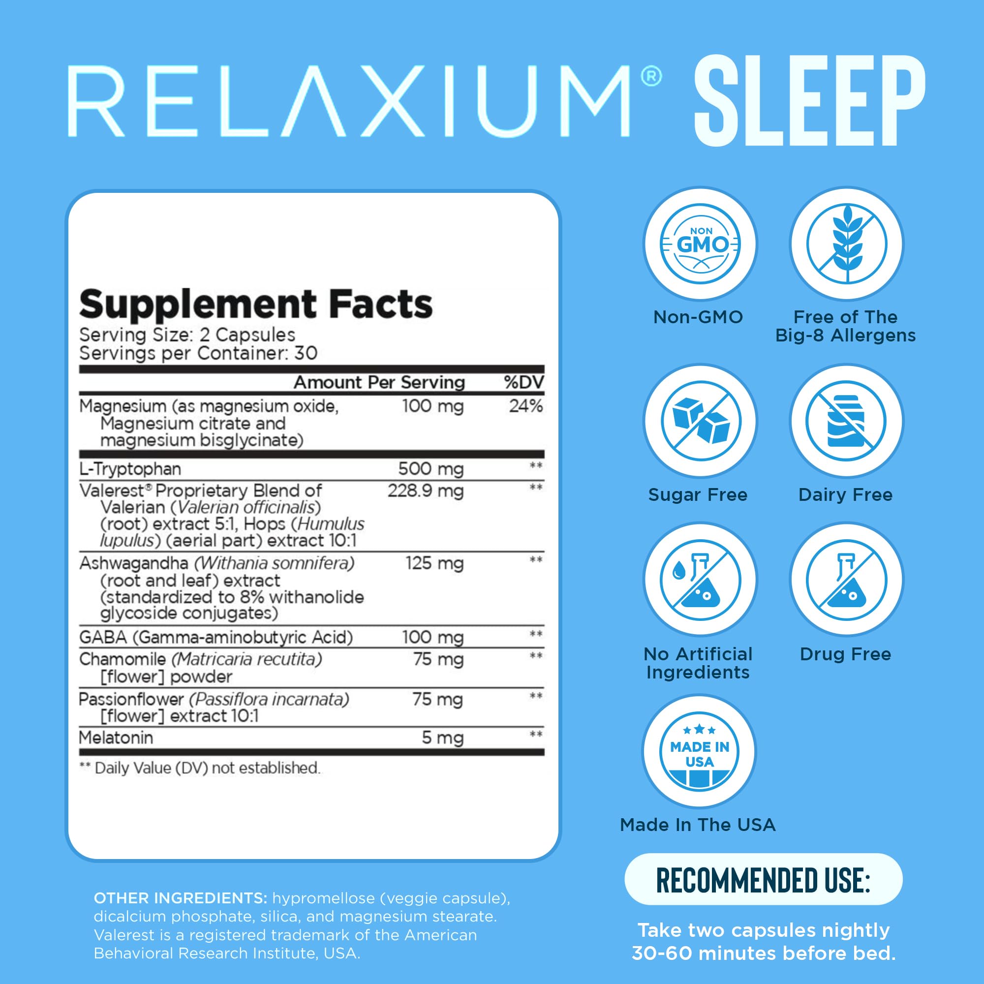 Relaxium Sleep Aid for Adults, Melatonin 5mg with Magnesium Glycinate, Sleep-Promoting Valerest & Ashwagandha, Non-Habit Forming Sleep Supplement, 60 Capsules, 30-Day Supply RelaxiumAu supplements