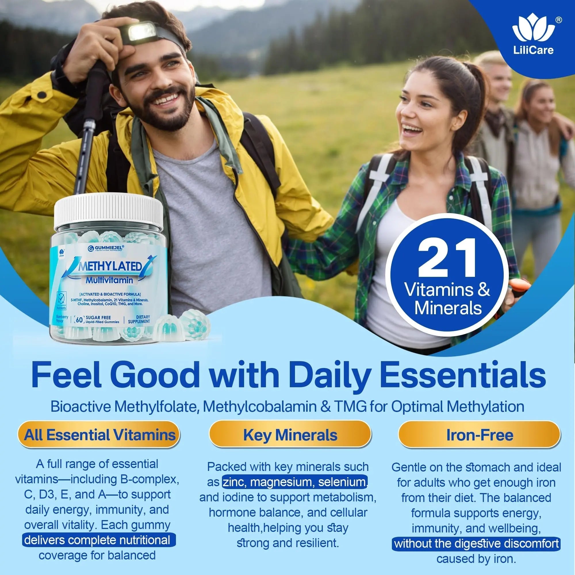 Methylated Multivitamin for Men & Women Gummies + Greens & Mushroom Blend, Methylfolate & B12, TMG, Choline LILICAREAu supplements