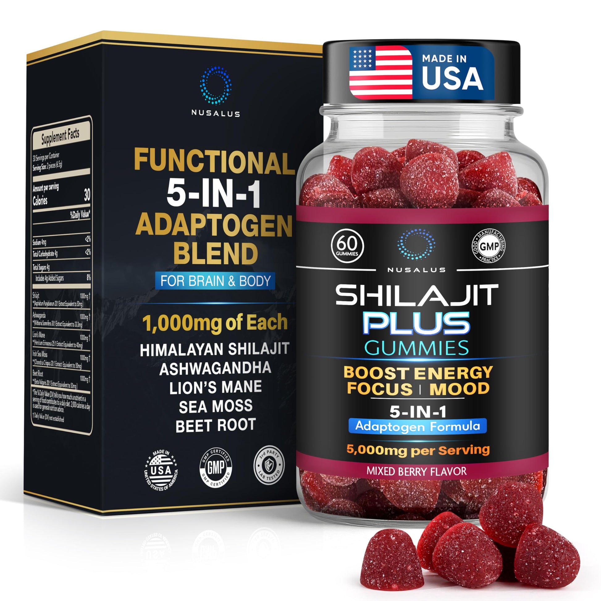 Nusalus Shilajit Plus Gummies – 5-in-1 Adaptogen Energy & Focus Supplement | Shilajit, Ashwagandha, Lion’s Mane, Sea Moss & Beet Root | Natural Energy & Stress Support | Made in USA, Vegan, 60ct NusalusAu supplements
