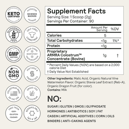 ARMRA Colostrum Powder | Vine Watermelon | Gut Health & Bloating | Skin & Hair | Immunity | Keto, Gluten & Fat-Free | 90 Servings ARMRAUS supplements