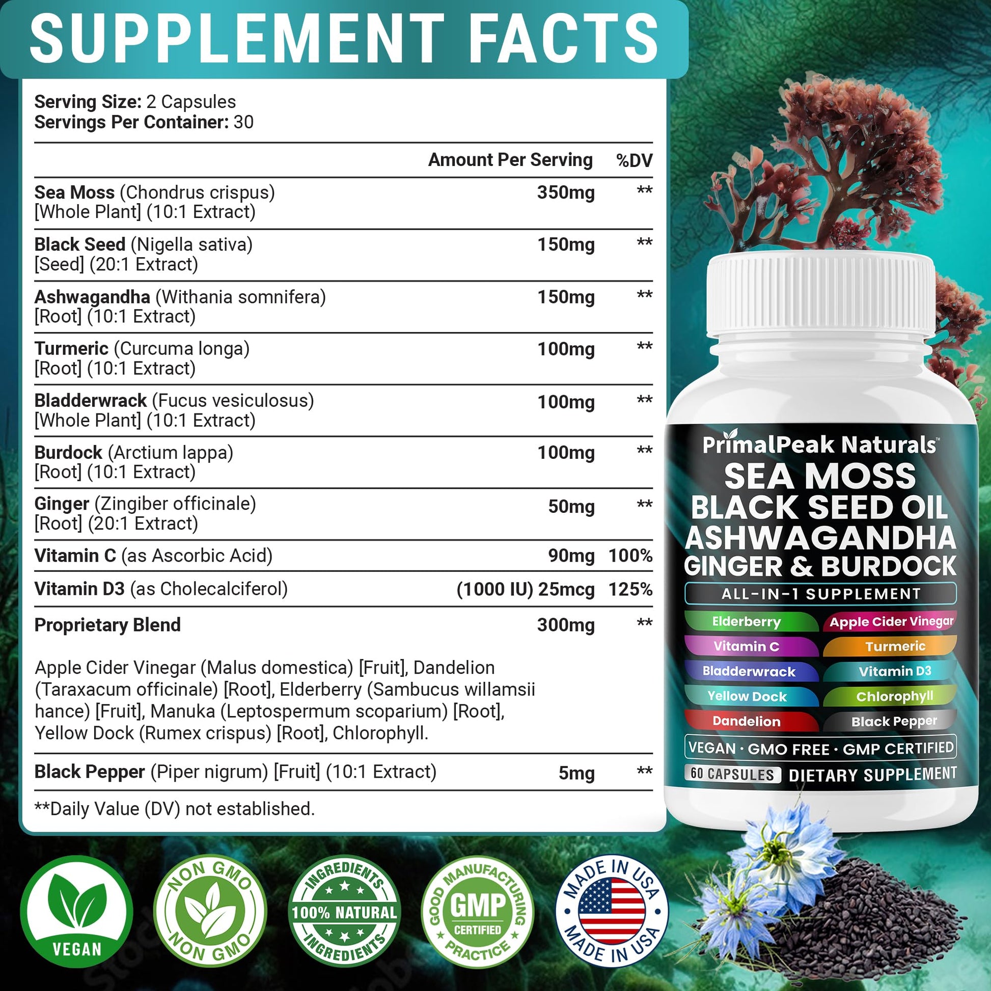 PrimalPeak Naturals Sea Moss Black Seed Oil Ashwagandha Ginger Burdock Bladderwrack Turmeric & Vitamin C Vitamin D3 with ACV Elderberry Chlorophyll Dandelion Yellow Dock Vegan Capsules - 60 Count PrimalPeak NaturalsAu supplements