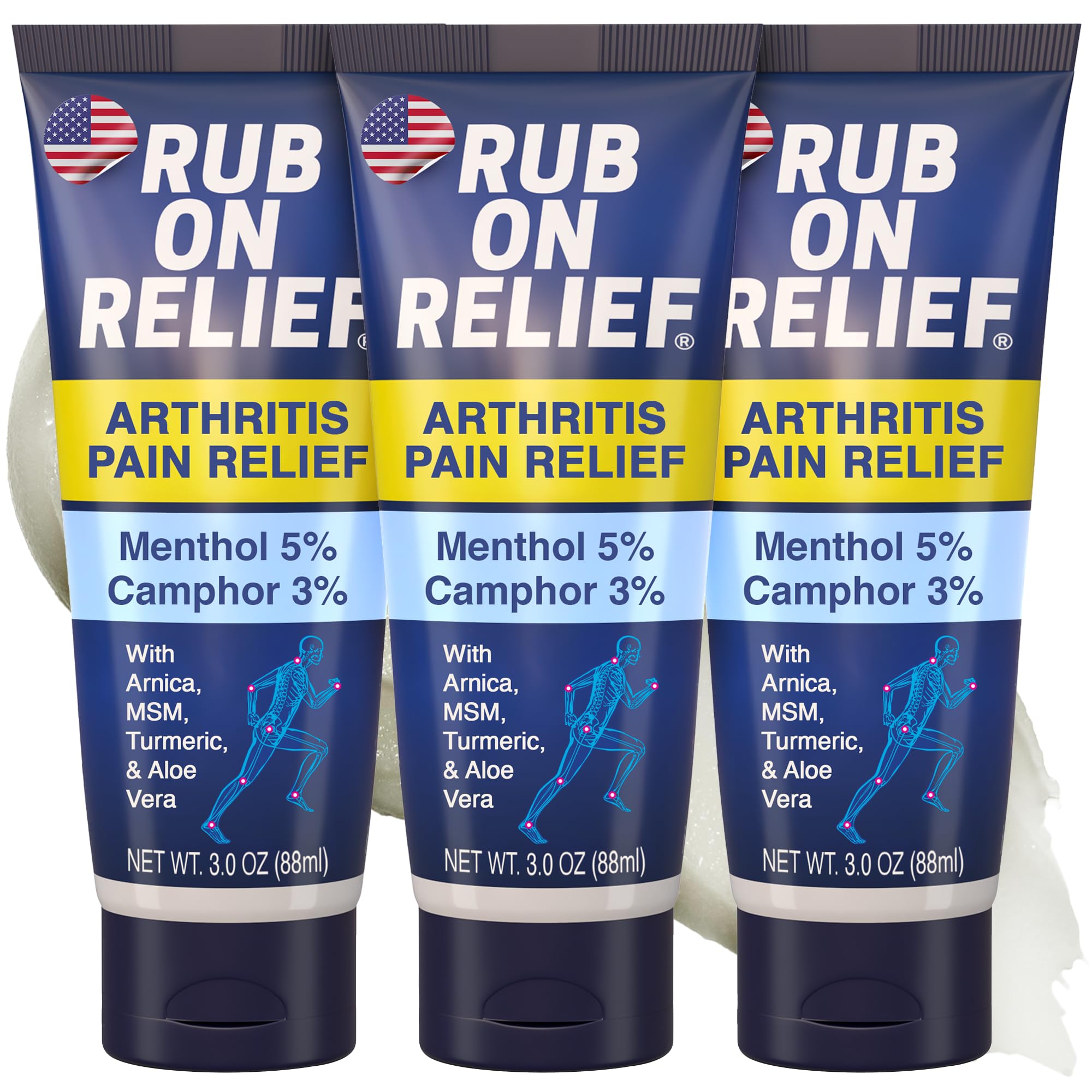 RUB ON RELIEF Arthritis Pain Relief Cream – 10-in-1 Non-Greasy Joints Pain Cream for Knees, Back, Neck, Hands, & Muscle Aches with Menthol, Camphor, Arnica, MSM & Turmeric Up to 8 Hours, 3oz (3 Pack) RUB ON RELIEFAu supplements