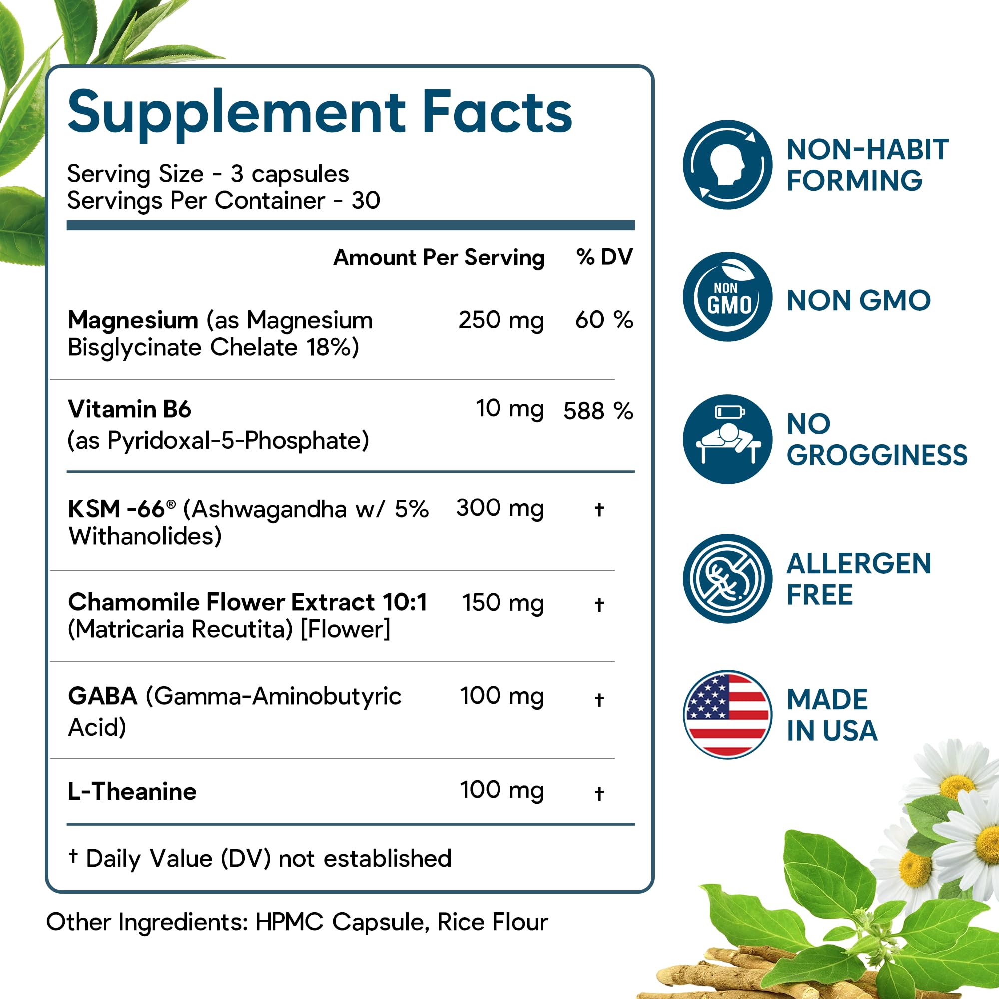 Natural Chelated Magnesium Glycinate Sleep Aid - Melatonin-Free Sleep & Stress Relief with KSM-66 Ashwagandha, GABA, L-Theanine & Chamomile for Muscle Relaxation - Made in USA - 90 Capsules FacimeAu supplements