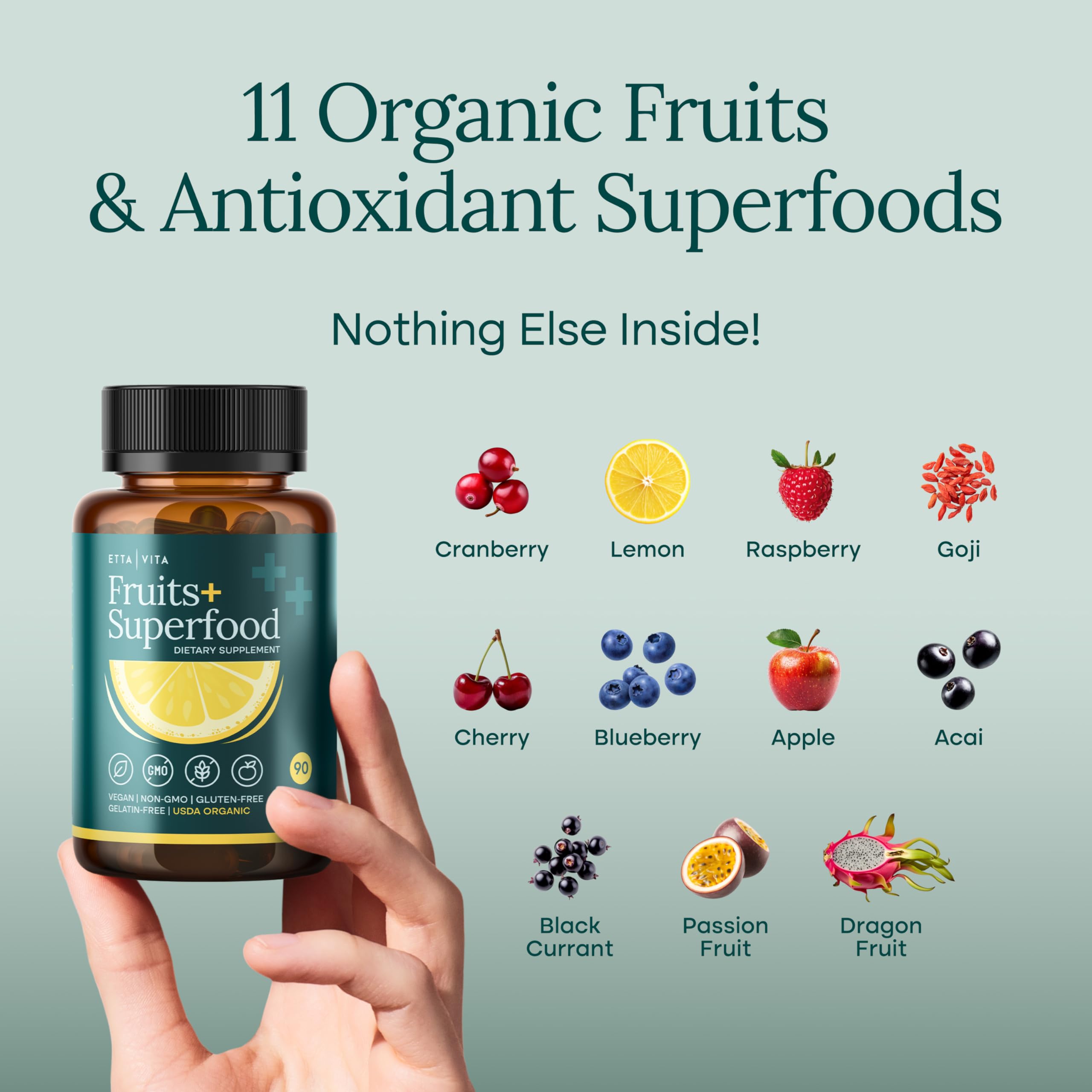 100% Organic Fruits and Veggies Supplement (USDA Organic - Made in USA) 180 Potent Fruits and Vegetable Capsules for Energy Boost & Daily Fruit and Vegetable Vitamins - Vegan, Non-GMO, Gluten-Free Etta VitaAu supplements