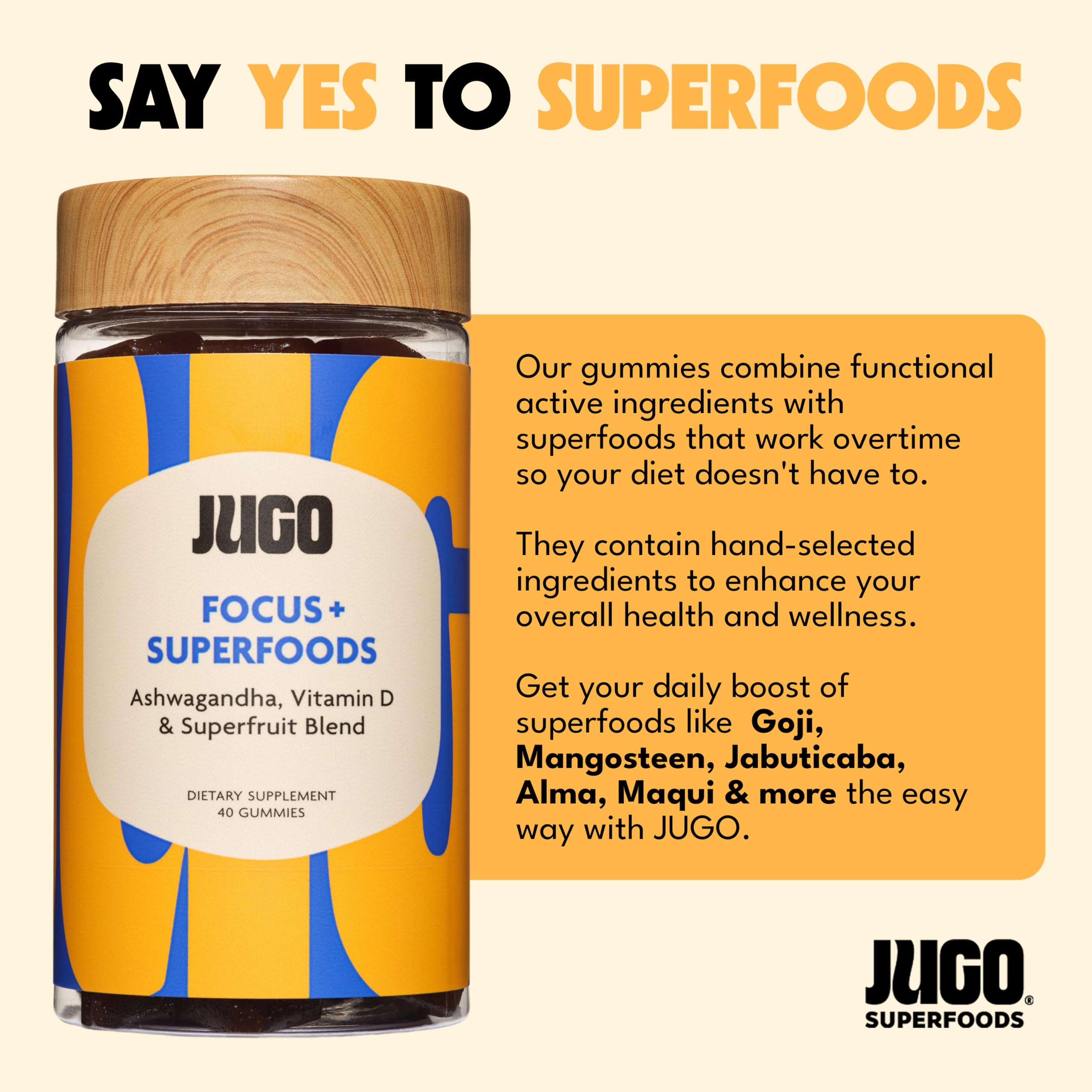 JUGO Focus + SUPERFOODS Ashwagandha Gummies with Vitamin D3 & Superfruit Blend, Vegetarian-Friendly Focus Supplement with Adaptogens, Gelatin-Free and Gluten-Free, Non-GMO, Made in USA, 40 Coun JUGO LLCAu supplements