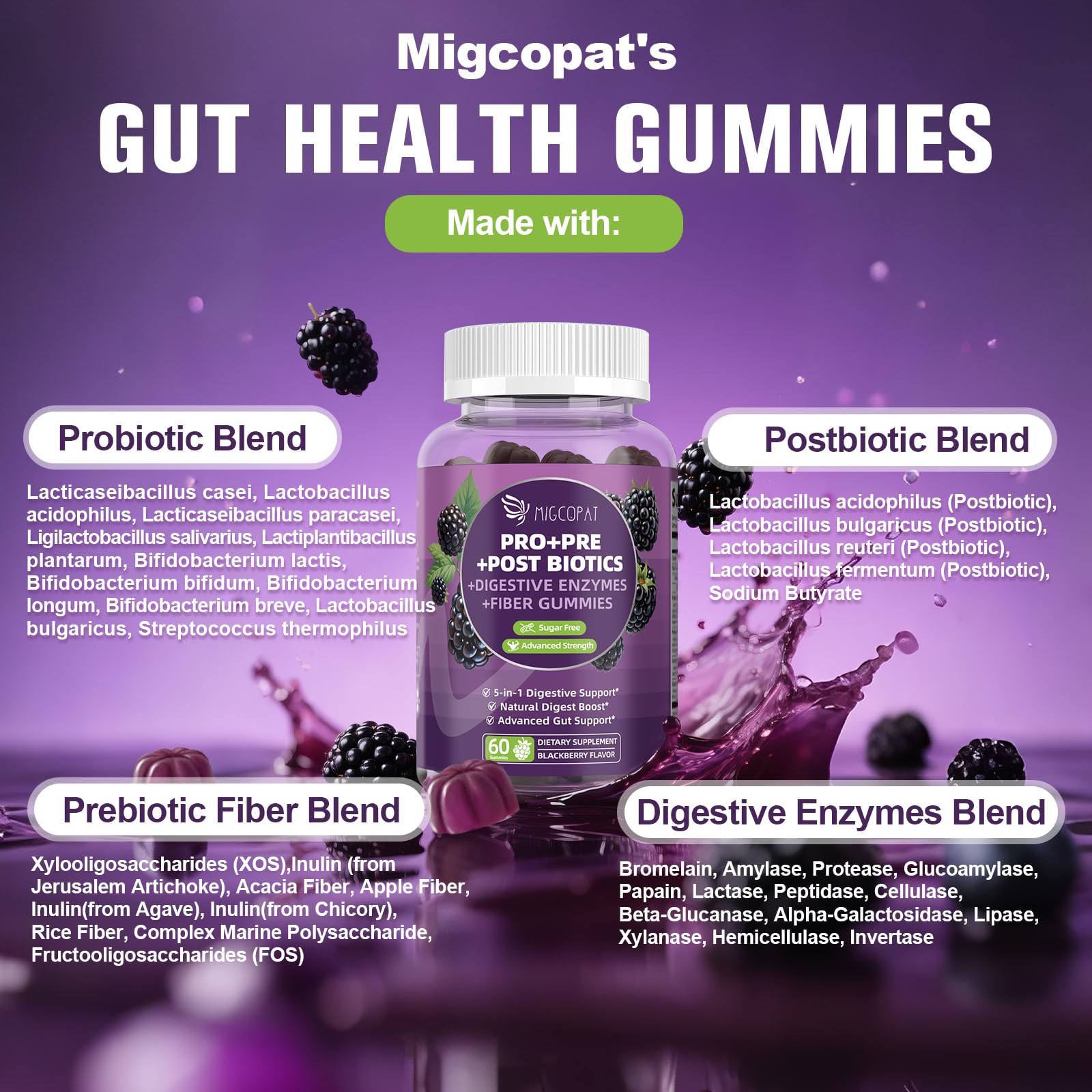 Migcopat Pre Post Probiotics Gummies, 5 in 1 Probiotic Prebiotic Postbiotic Digestive Enzymes with Fiber, 120 Billion CFU Probiotics Complete Gut Support, Sugar Free, Vegan, BlackBerry Flavor, 60 Cts MigcopatAu supplements