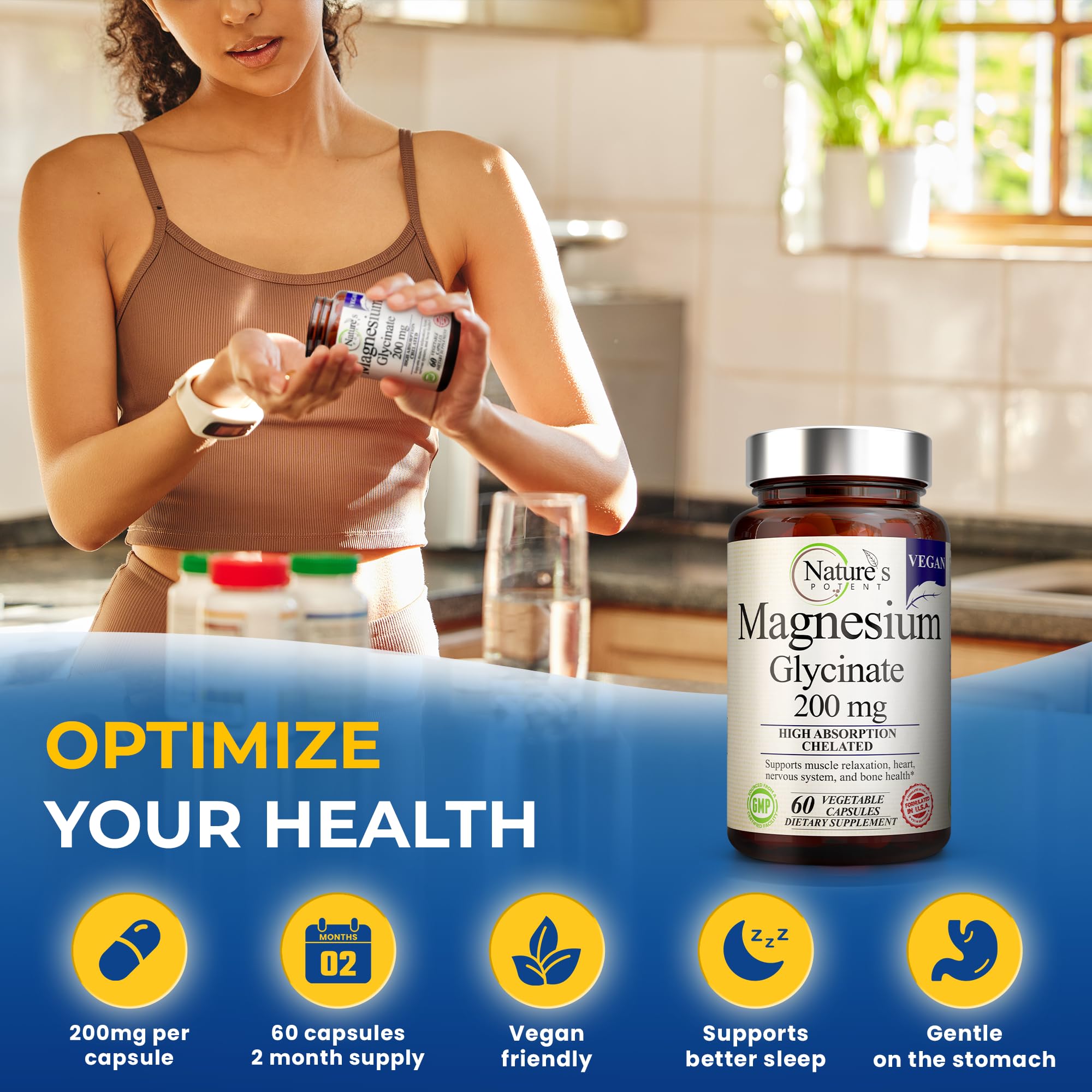 Nature’s Potent Magnesium Glycinate 200mg | High Absorption Chelated Magnesium | Sleep, Calm & Muscle Cramp Support | Vegan Supplement | 60 Capsules Nature's PotentAu supplements