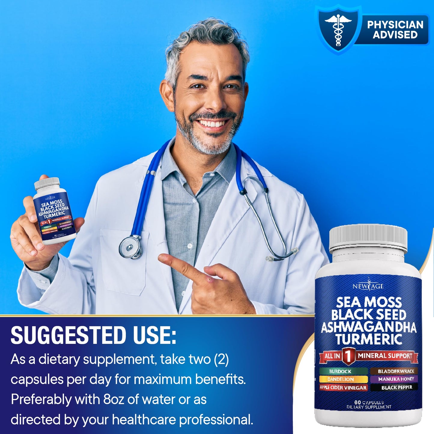 Silica Sea Moss 3000mg Black Seed Oil 2000mg Ashwagandha 1000mg Turmeric 1000mg NEW AGEUS supplements