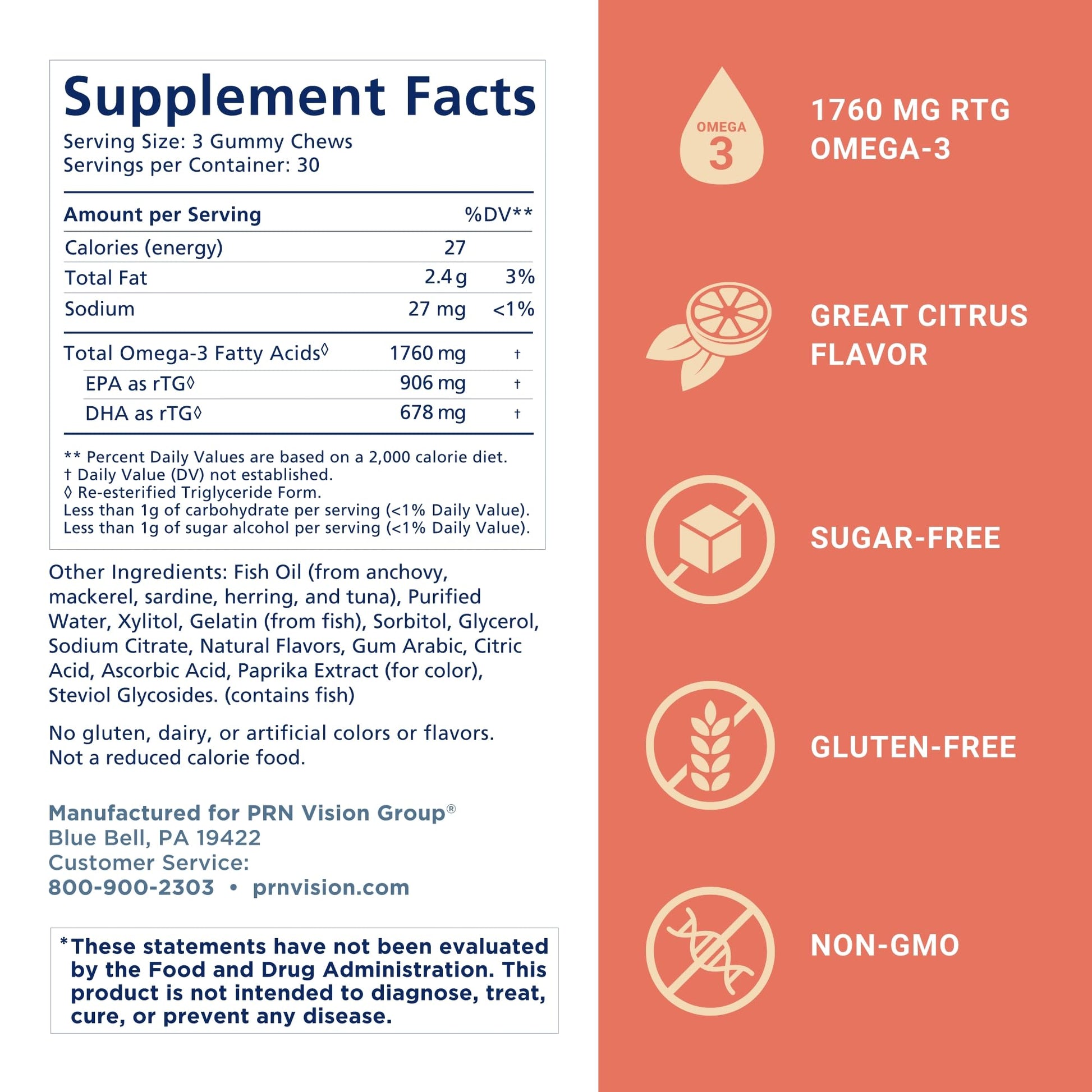 Omega 3 Gummy Chewables - 90 Gel Chews, 30-Day Supply, Citrus Flavor - 1760mg Ultra-Pure rTG Omega 3 for Eye, Heart, Brain, Joint & Immune Health PRN Physician Recommended NutriceuticalsAu supplements