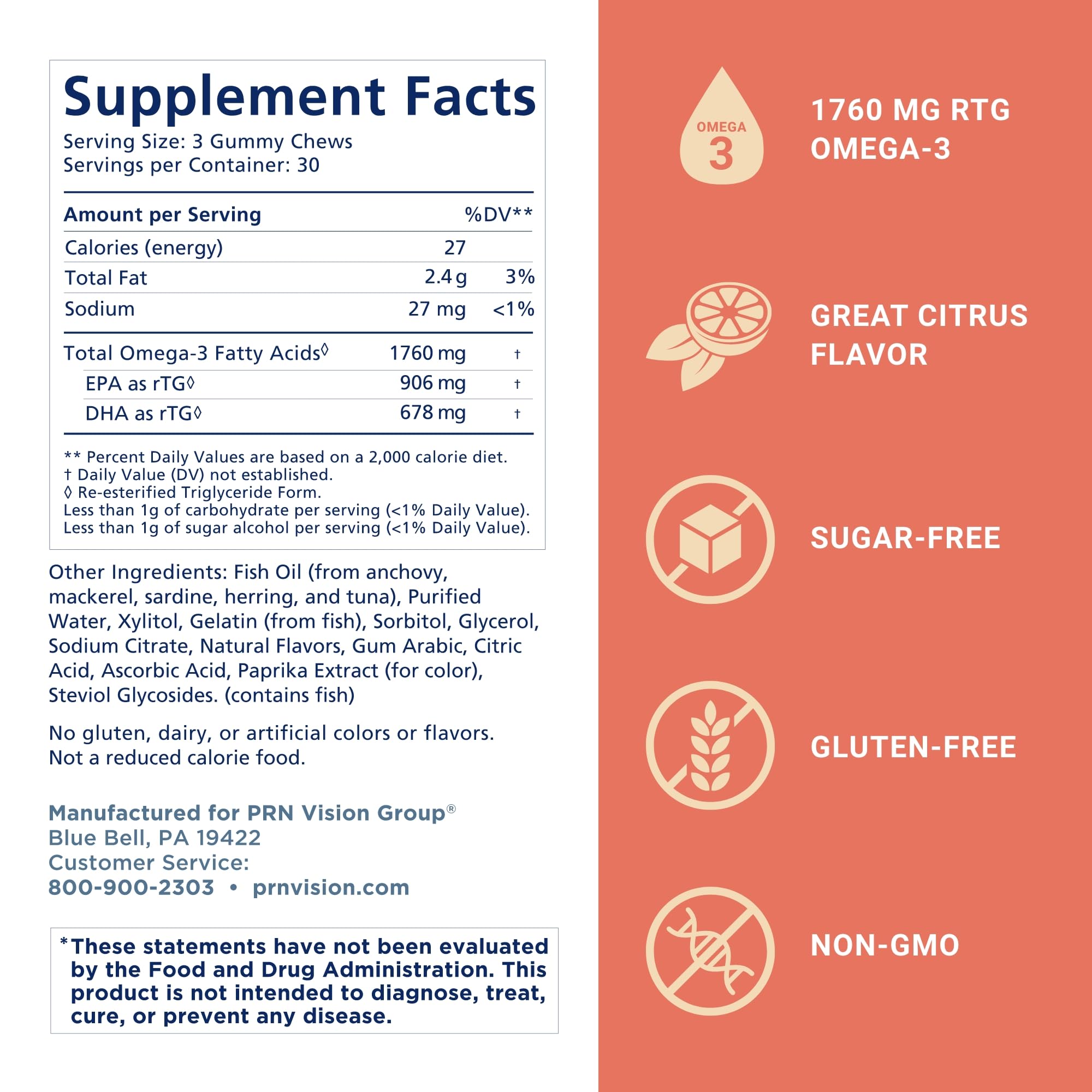 Omega 3 Gummy Chewables - 90 Gel Chews, 30-Day Supply, Citrus Flavor - 1760mg Ultra-Pure rTG Omega 3 for Eye, Heart, Brain, Joint & Immune Health PRN Physician Recommended NutriceuticalsAu supplements