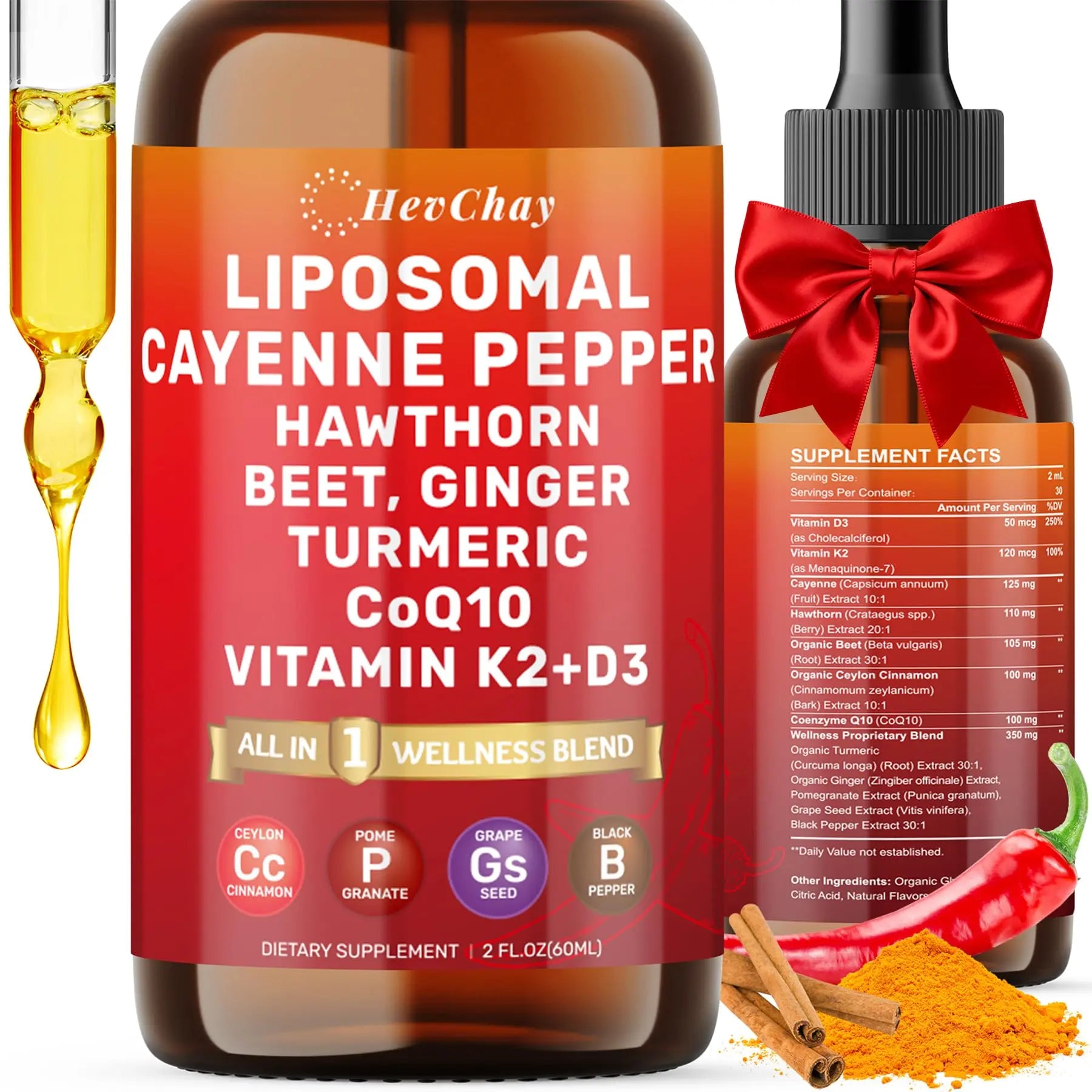Cayenne Pepper Drops Liposomal Supplement Liquid + Hawthorn Berry, Vitamin D3 K2 Beet Root Powder, Ceylon Cinnamon, CoQ10, Turmeric Curcumin, Cayenne Pepper Extract - 2oz HevChayAu supplements