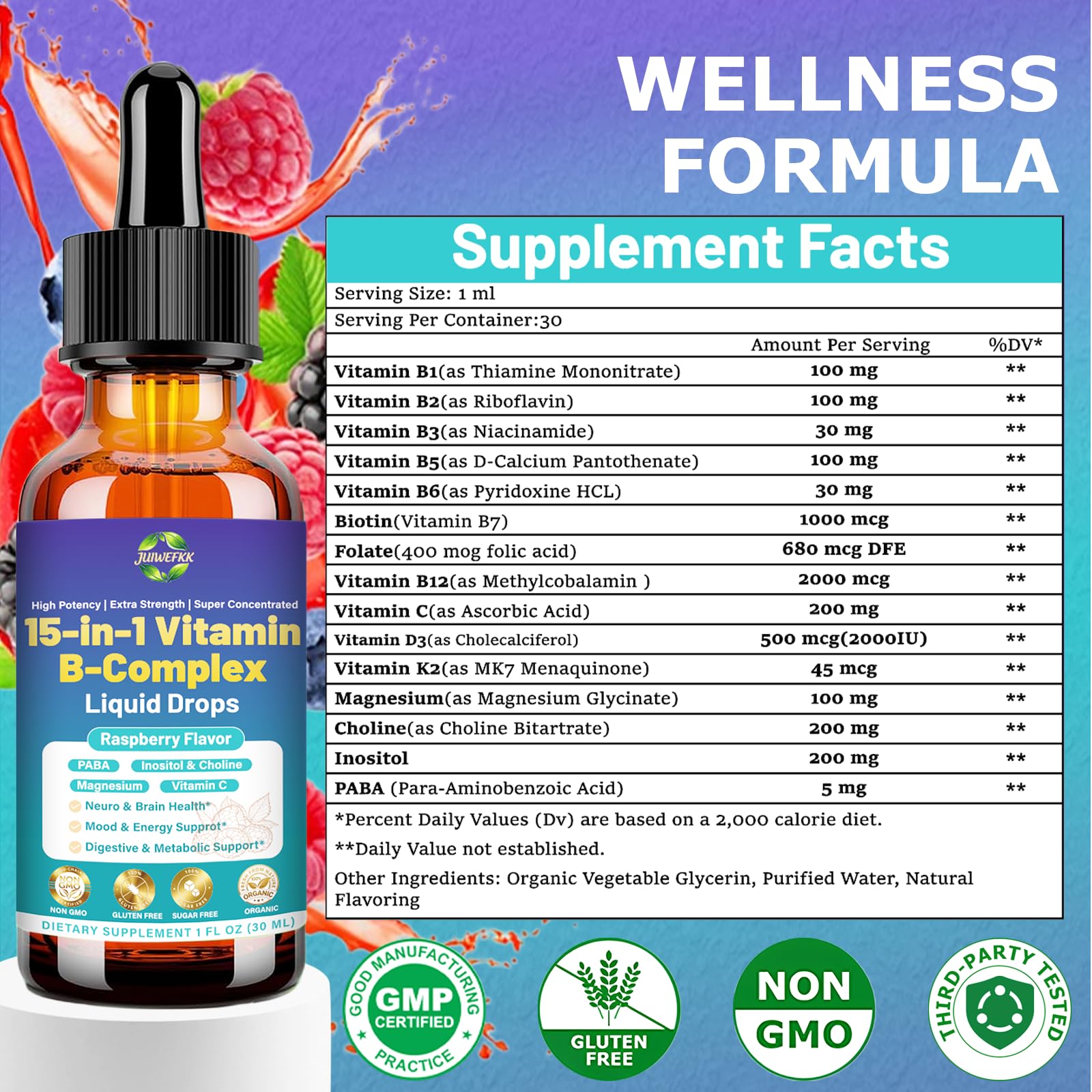 Advanced Vitamin B Complex Liquid Drops for Women Men & Kids, 15-in-1 VIT B Complex with Vitamin C B12 B6 B1 Niacin Folate for Brain Nerve Neuropathy Energy Mood Health, Sublingual B-Complex Drops JUIWEFKKAu supplements