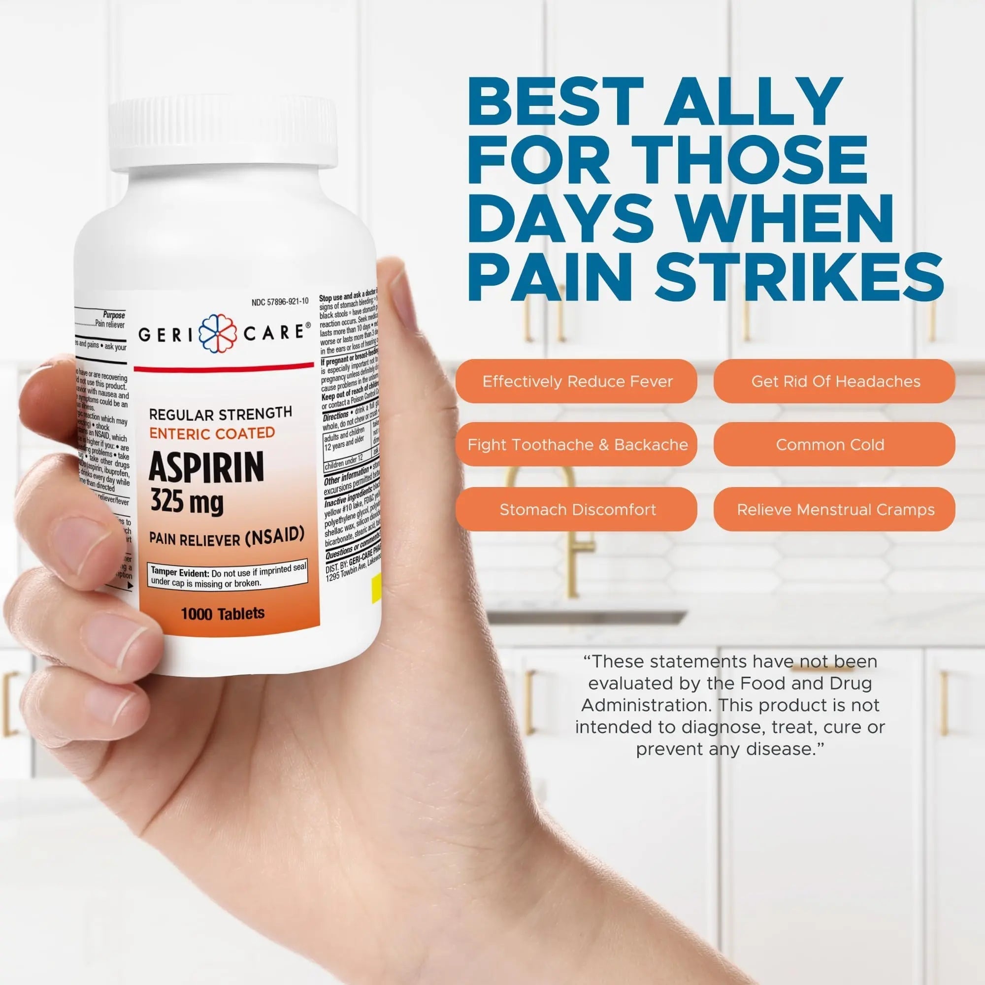 GeriCare Enteric Coated Aspirin Tablets 325mg (1000 Count) NSAID Pain Reliever & Fever Reducer for Adults- Regular Strength Aspirin for Headache Arthritis Menstrual & Muscle Pain GeriCareAu supplements
