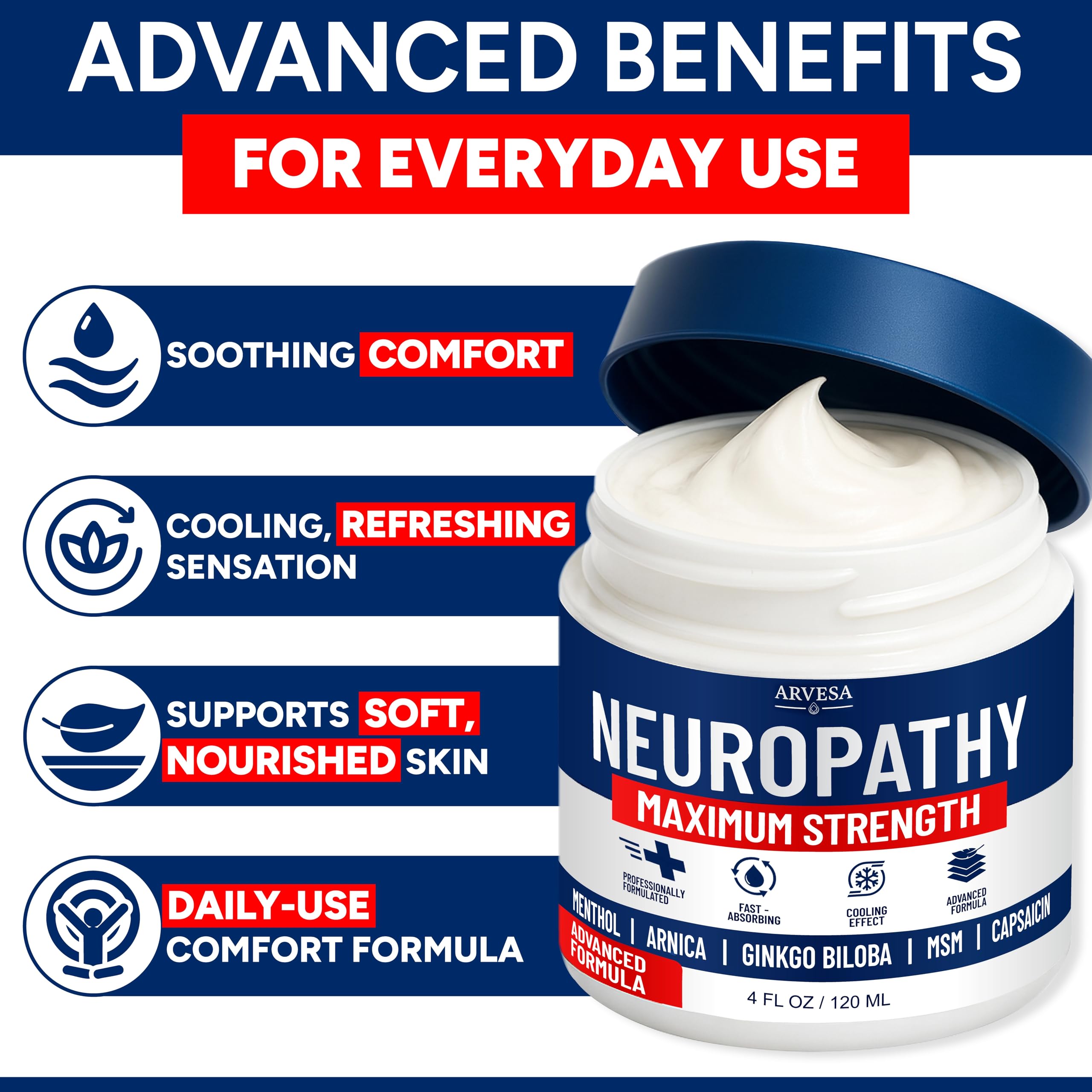 Neuropathy Cream - Maximum Strength - Arnica, MSM, Hemp Seed Oil, Ginkgo Biloba, Capsaicin - Non-Greasy with Cooling Effect - Value Pack - Natural Ingredients - Formulated in USA ArvesaAu supplements