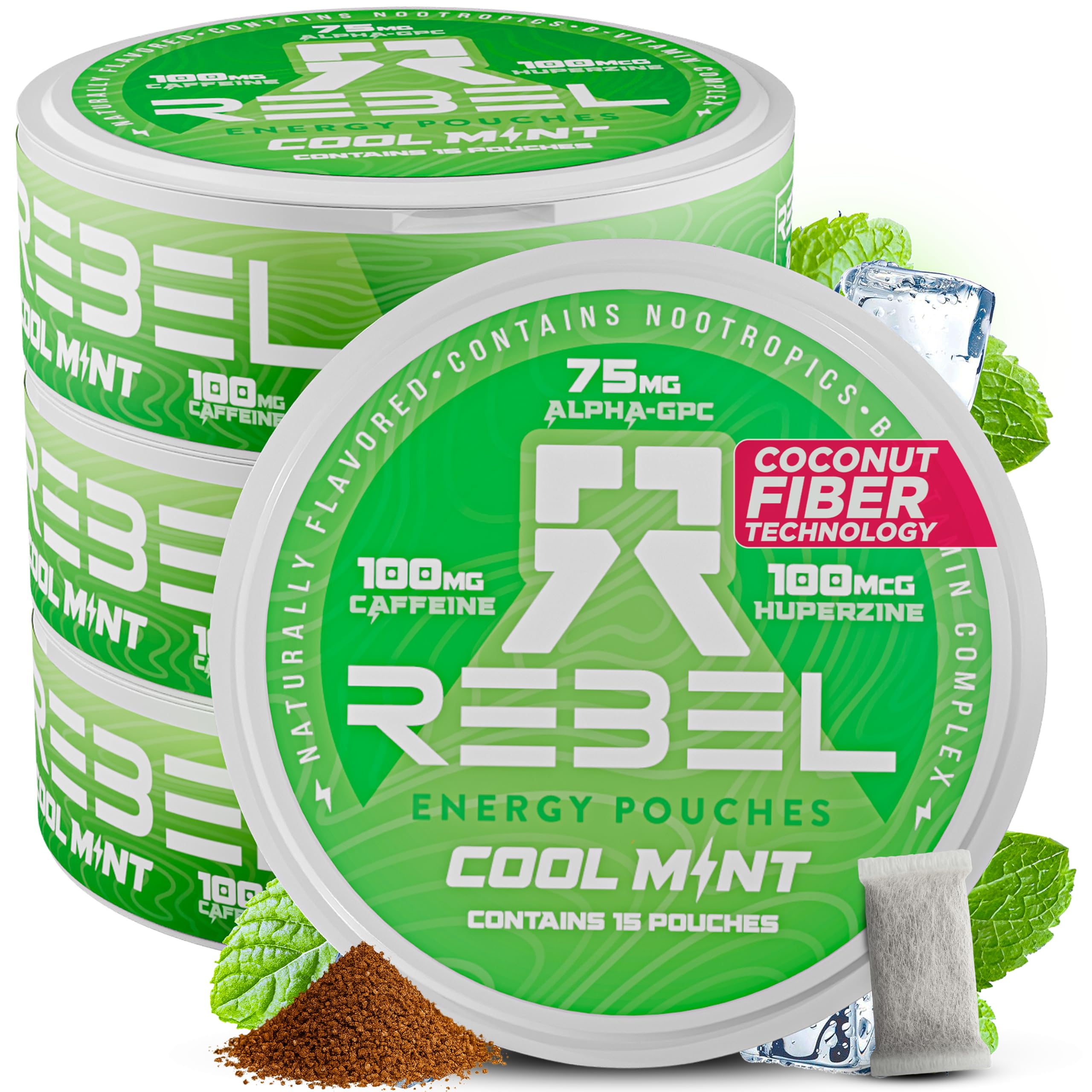 Rebel Nootropic Energy Caffeine Pouches (Cool Mint) • 100mg Caffeine • Alpha GPC • Huperzine A & Essential Vitamins • Sugar-Free • Coconut Fiber Technology • 15 Pouches Per Can (Pack of 4) Rebel SupplementsAu supplements