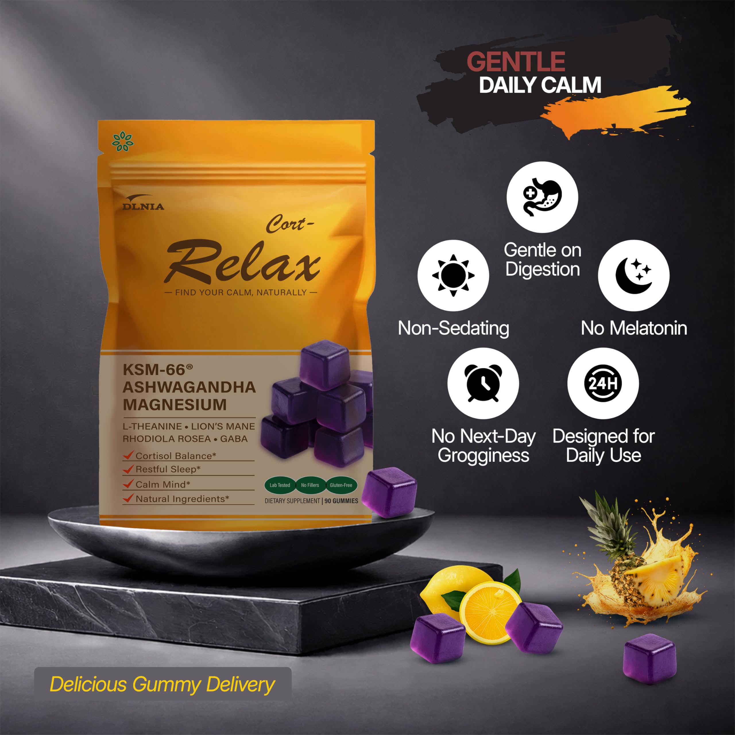 DLNIA Magnesium Glycinate Stress & Cortisol Support Gummies | Calm Focus by Day, Deep Sleep by Night | 17-in-1 with KSM-66® Ashwagandha, L-Theanine & Lion’s Mane DLNIAAu supplements