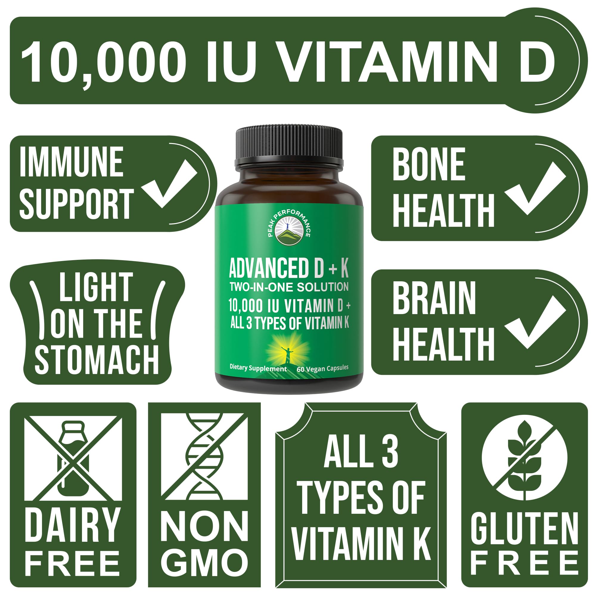 Peak Performance Advanced Vitamin D 10000 IU with All 3 Types of Vitamin K - 10,000 Vitamin D3 and Vitamin K2, K1, MK-7 (MK7), MK4 Capsules Supplement - 60 Small and Easy to Swallow Pills Peak PerformanceAu supplements