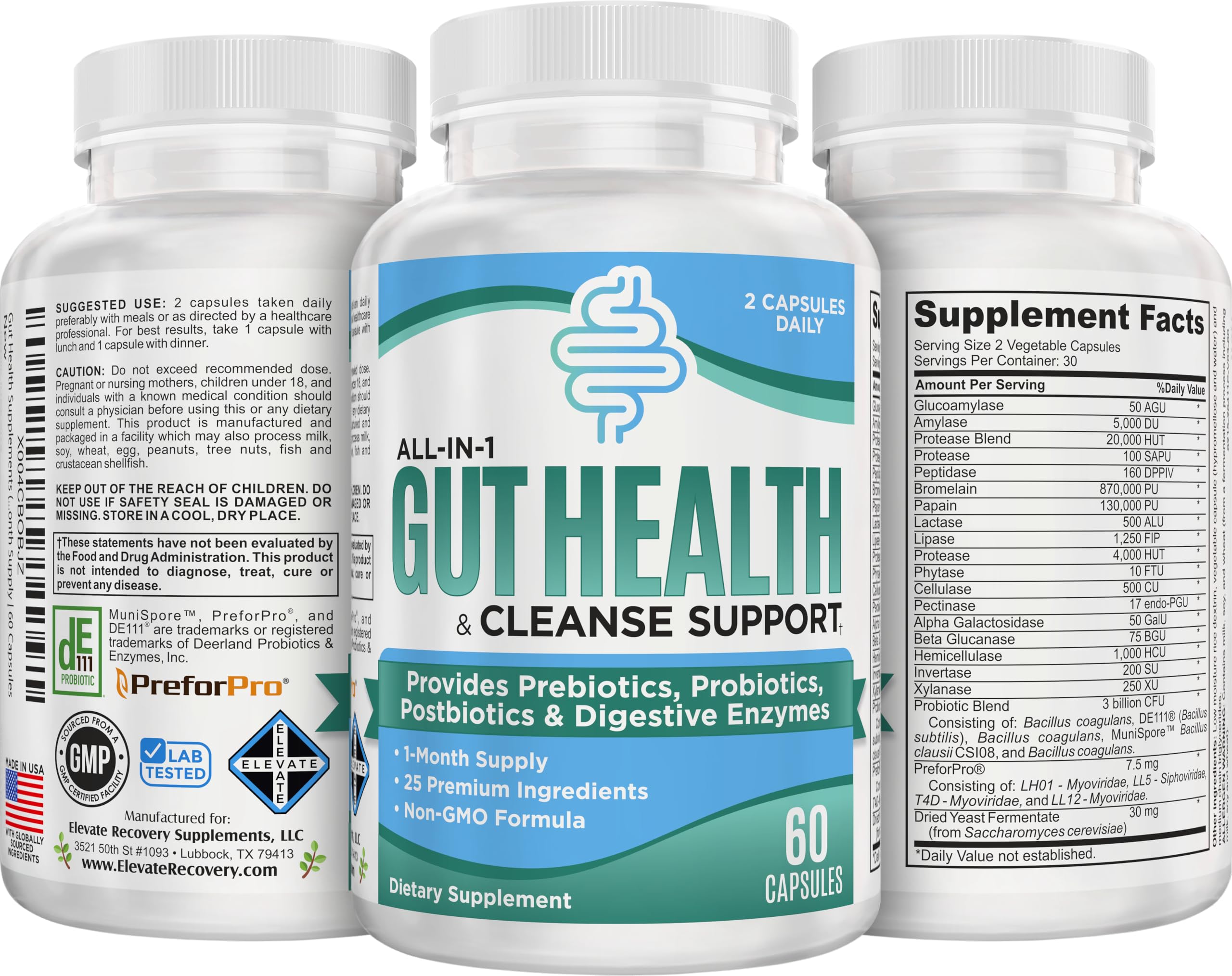 Gut Health Support Supplement (25-in-1) with Prebiotics, Probiotics, Postbiotics & Digestive Enzymes | Gut Supplements | 60 Capsules Elevate Recovery SupplementsAu supplements