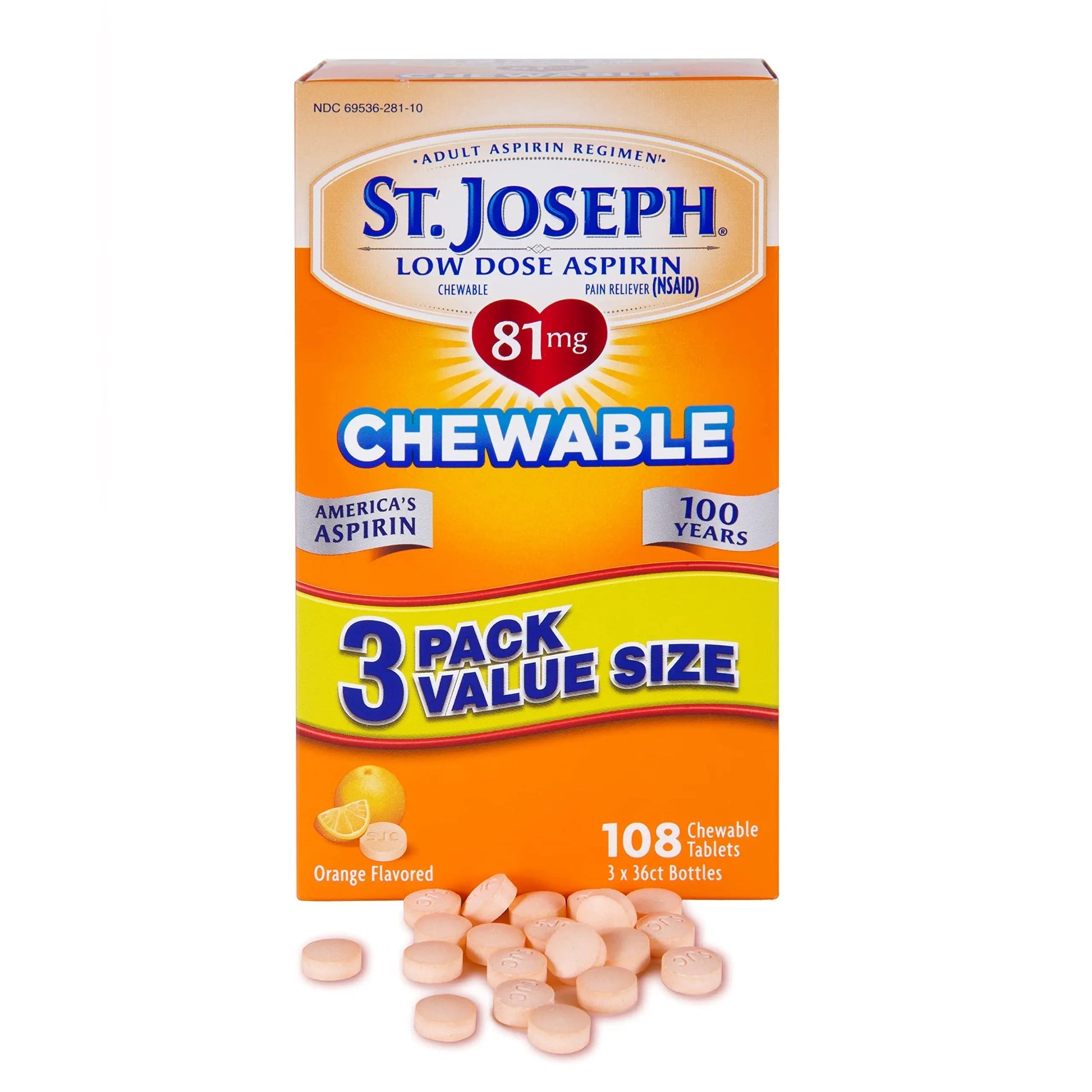St. Joseph Aspirin Pain Reliever (NSAID) 81mg, Chewable Orange Tablets Adult Low Dose Regimen , 108 ct (3 x 36 ct Tablets per Bottle) St. JosephAu supplements