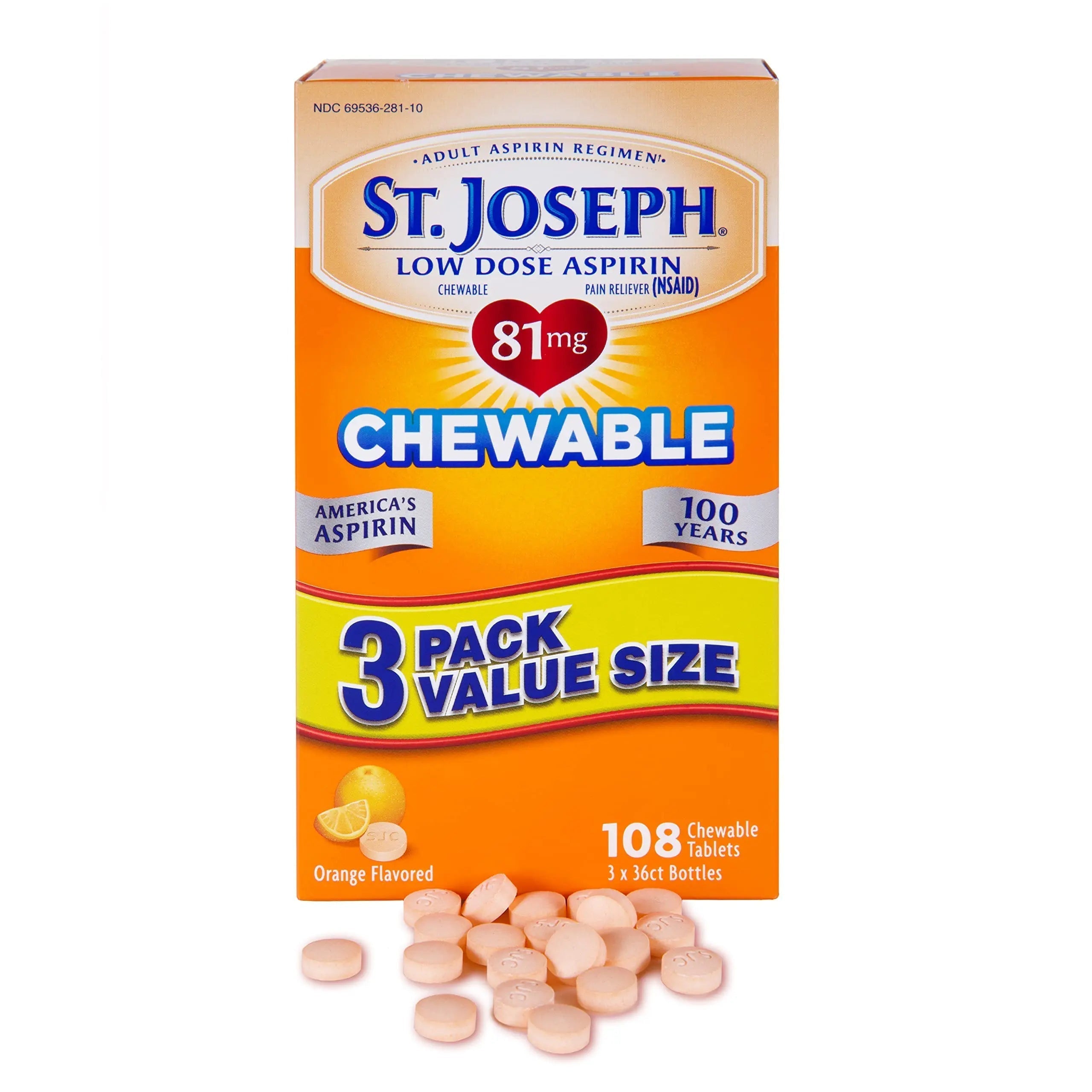St. Joseph Aspirin Pain Reliever (NSAID) 81mg, Chewable Orange Tablets Adult Low Dose Regimen , 108 ct (3 x 36 ct Tablets per Bottle) St. JosephAu supplements