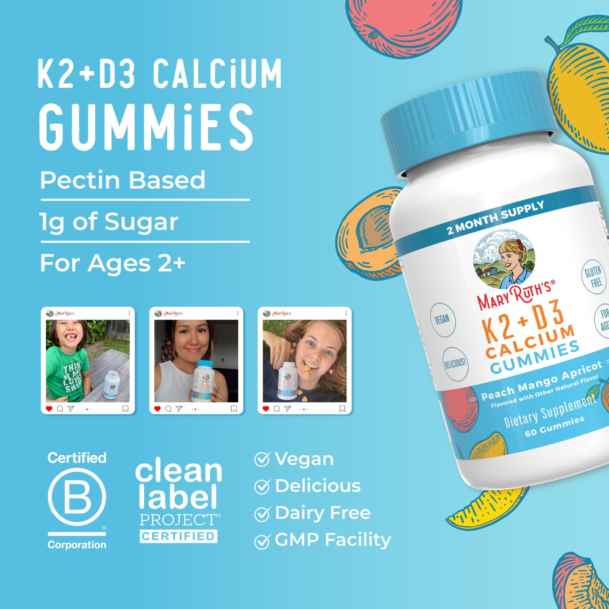 MaryRuth Organics Calcium with Vitamin D & Vitamin K2, 2 Month Supply, Calcium Supplement Supports Bone Health & Joint Support, with Vitamins D3 K2 Gummies, Vegan, Non-GMO, Gluten Free, 60 Count MARYRUTH'SUS supplements