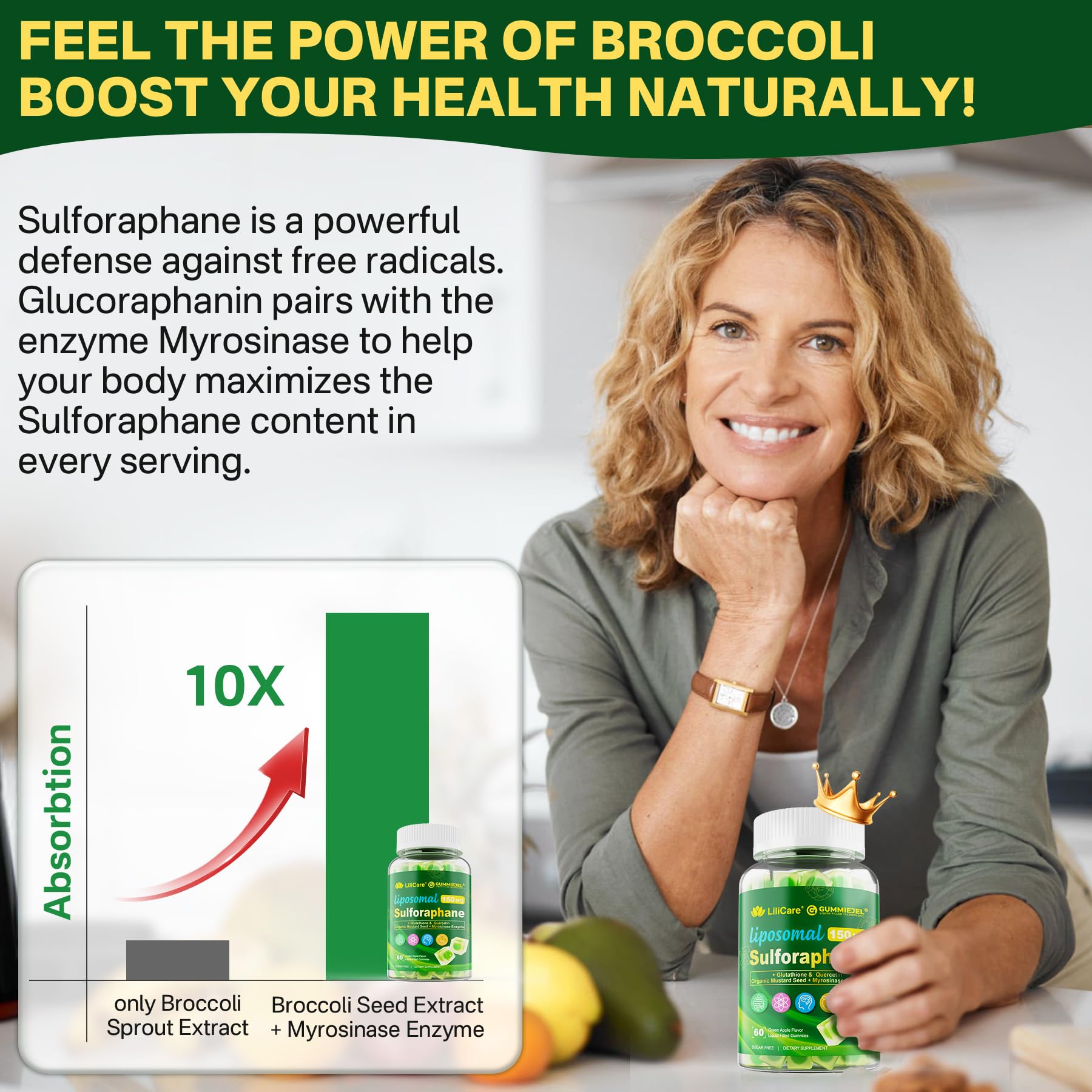 Liposomal Sulforaphane Supplement 150mg, from Broccoli Seed Extract w/Myrosinase, Quercetin, Glutathione, Sulforaphane Supplement Gummies for Antioxidants Detox Cellular Brain Health, Chewable 60Cts LILICAREAu supplements