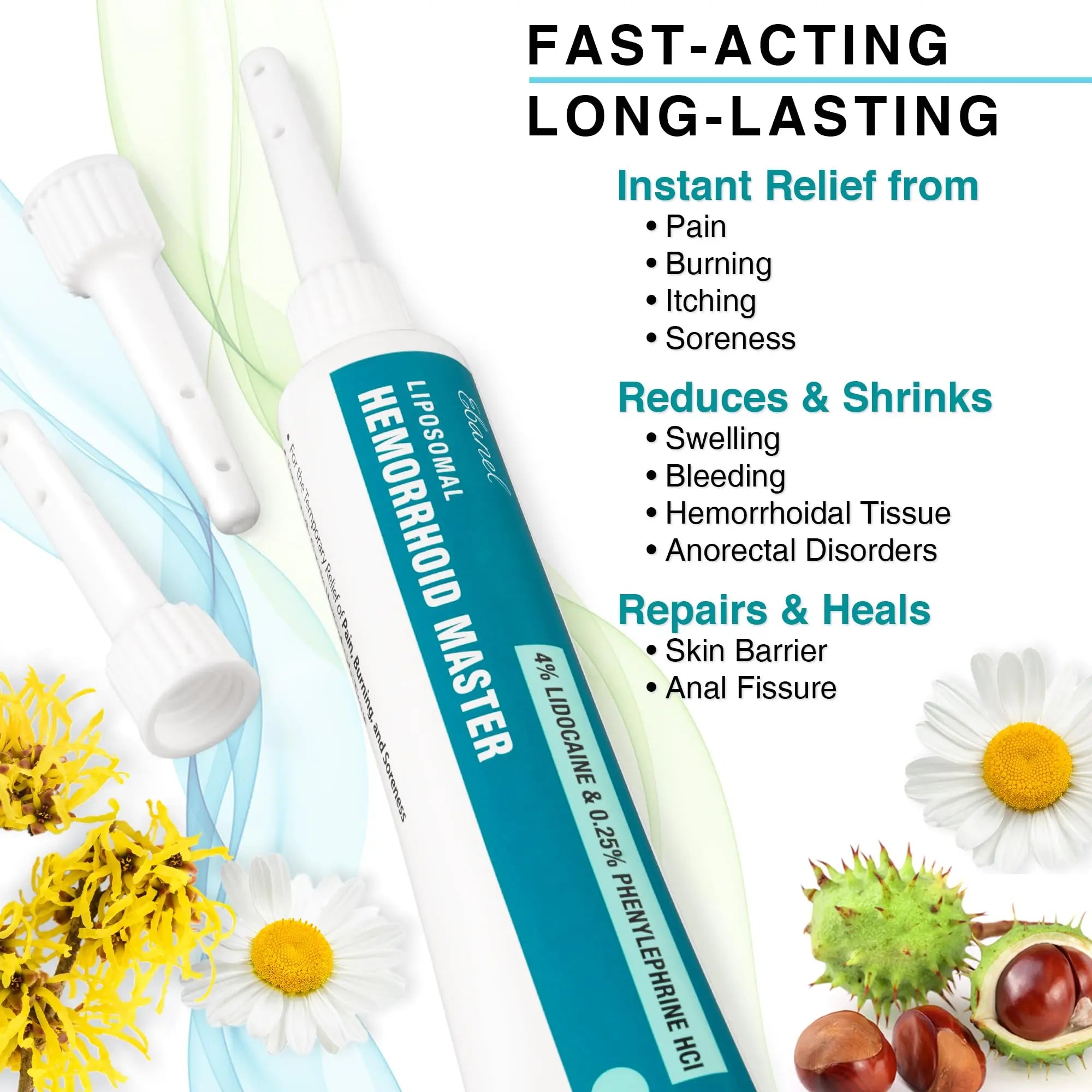 Ebanel 4% Lidocaine Hemorrhoid Treatment Ointment with Phenylephrine, Witch Hazel, Vitamin B6, Zinc Oxide, Frankincense, External and Internal Hemorrhoids Treatment Burn Itch Pain Relief Anal Cream EbanelAu supplements