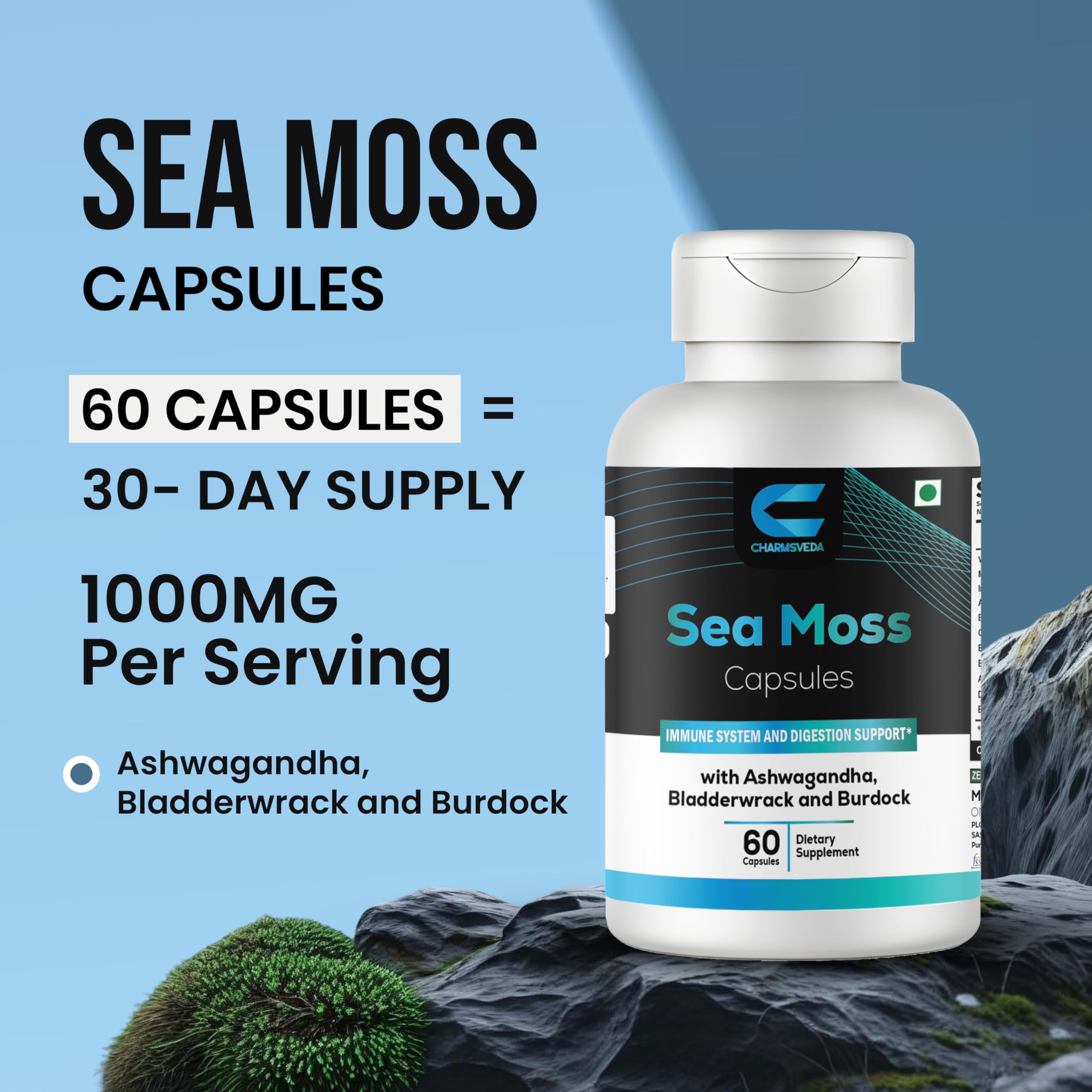 CHARMSVEDA Sea Moss Capsules with Ashwagandha, Bladderwrack & Burdock – Overall Wellness & Immune Support, Support Digestive & Gut Health* – 60 Vegan Capsules CHARMSVEDAAu supplements